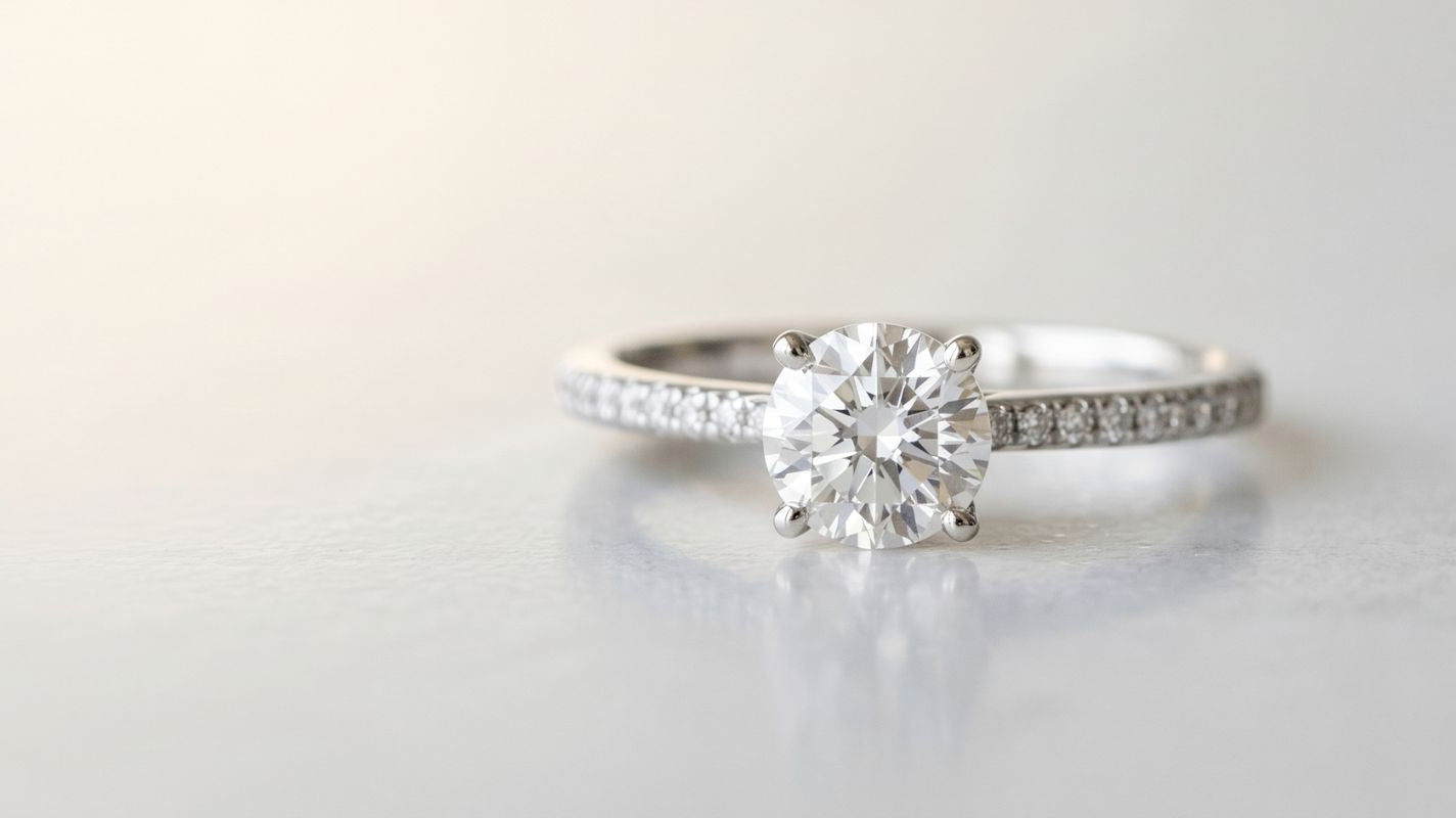 Close-up of an affordable lab grown diamond promise ring with an oval center stone and pavé band on a soft neutral background.