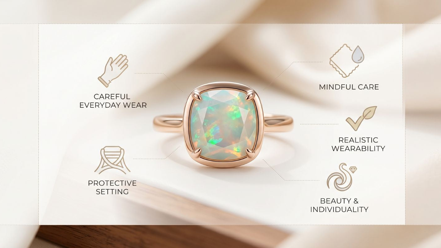 Infographic-style Ethiopian opal ring banner showing careful everyday wear, protective setting, mindful care, realistic wearability, and beauty with individuality.