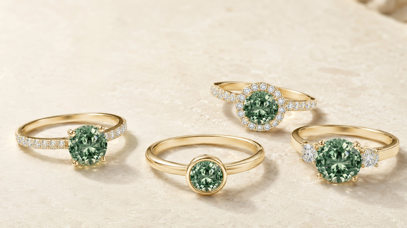 Four yellow gold rings with round lab-grown green diamonds in solitaire, bezel, halo and three-stone settings.