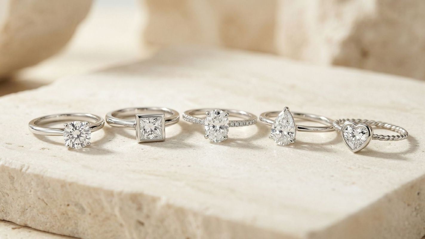 Five lab-grown diamond promise rings with round, princess, oval, pear, and heart-shaped stones displayed in a row on a light beige stone slab.