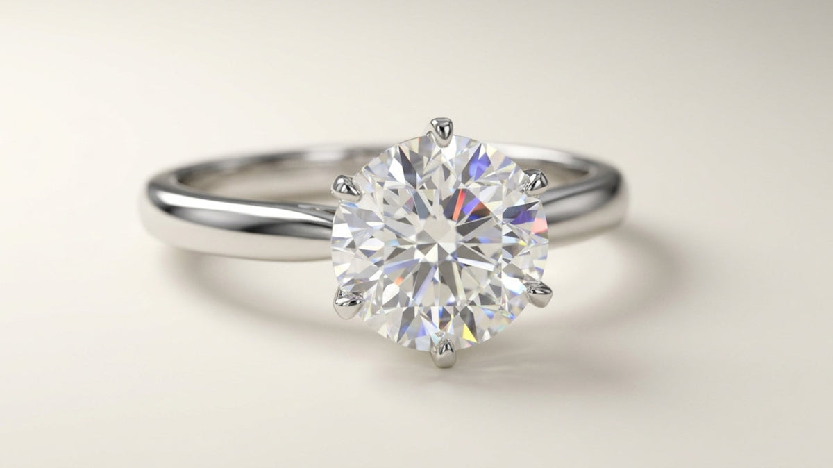 Close-up of a round brilliant lab-grown diamond solitaire ring showing crisp white brilliance and subtle rainbow fire flashes.