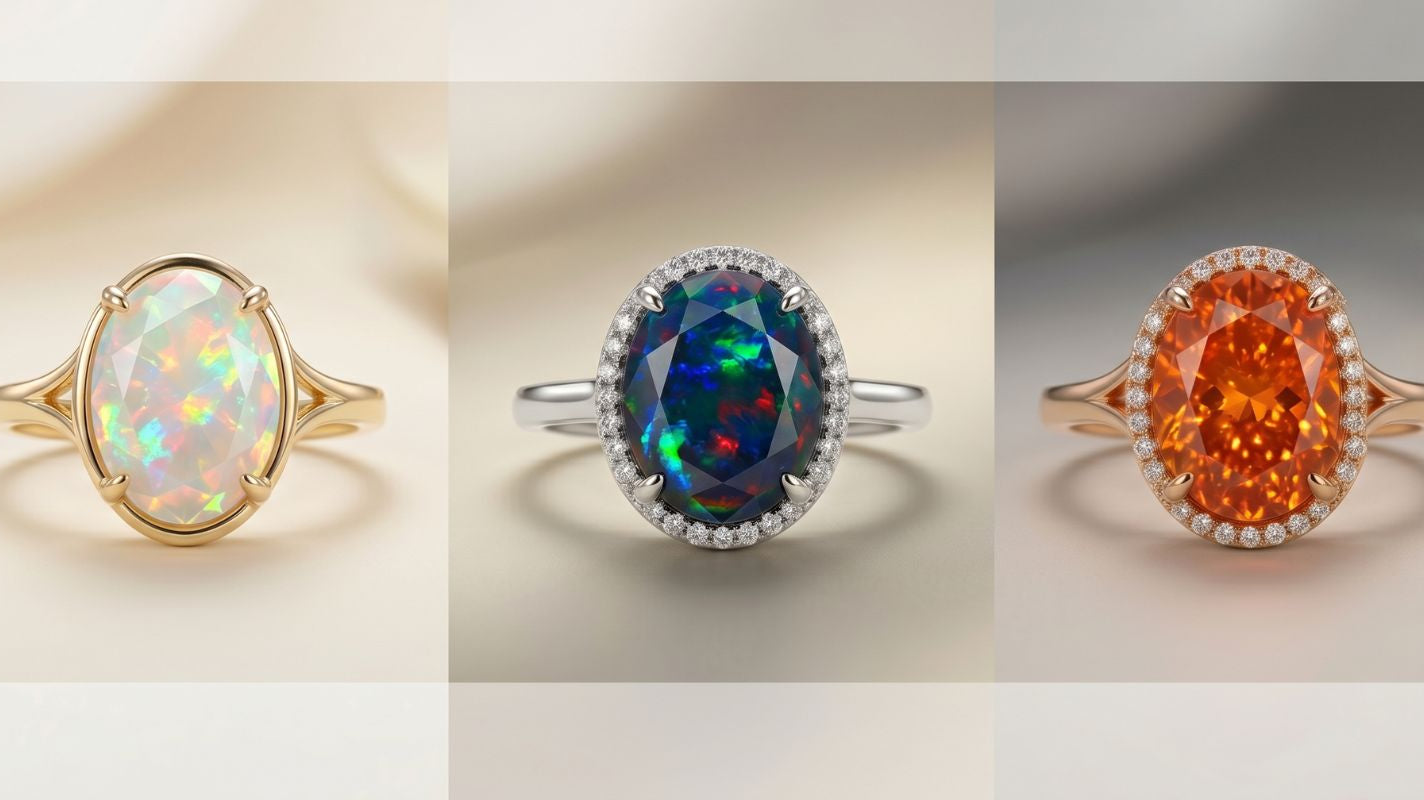 Side-by-side comparison of Ethiopian opal, black opal, and fire opal rings showing the visual difference between luminous play-of-color, dark dramatic contrast, and warm orange gemstone color