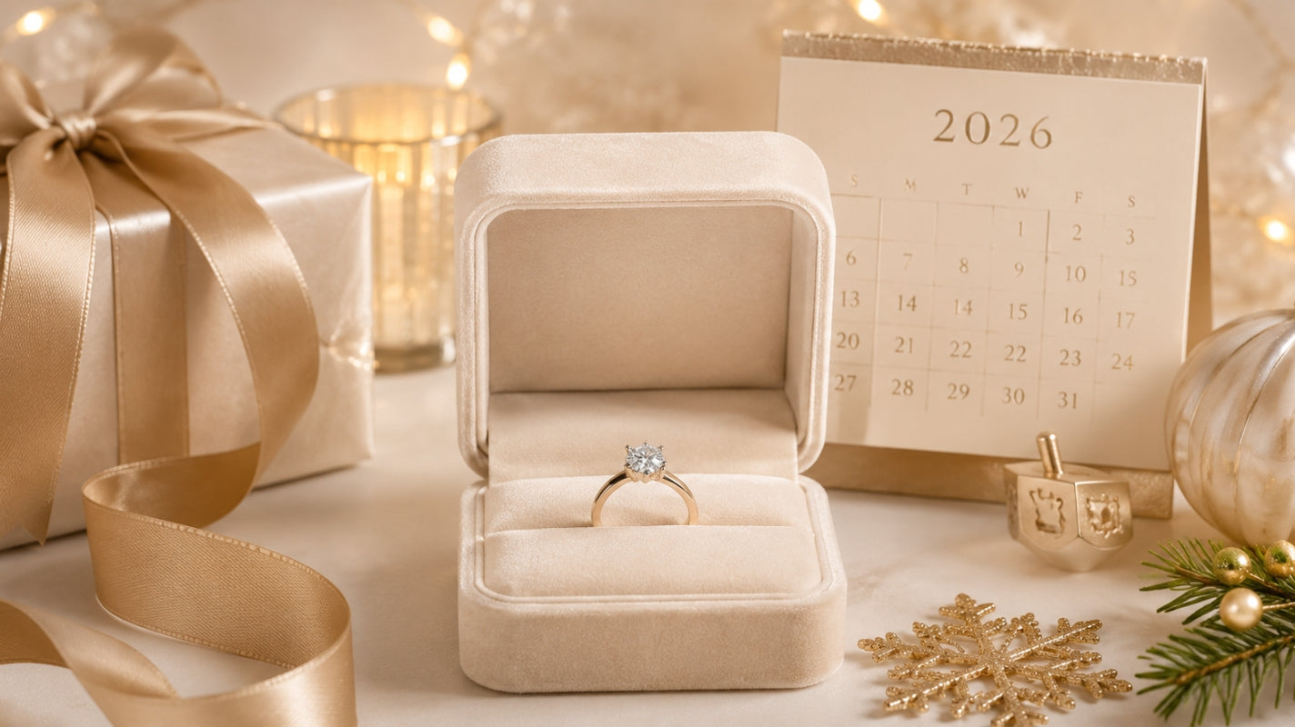 Diamond ring centered in an open cream jewelry box with a 2026 calendar, champagne ribbon, wrapped gift, gold ornament, and subtle holiday decorations.