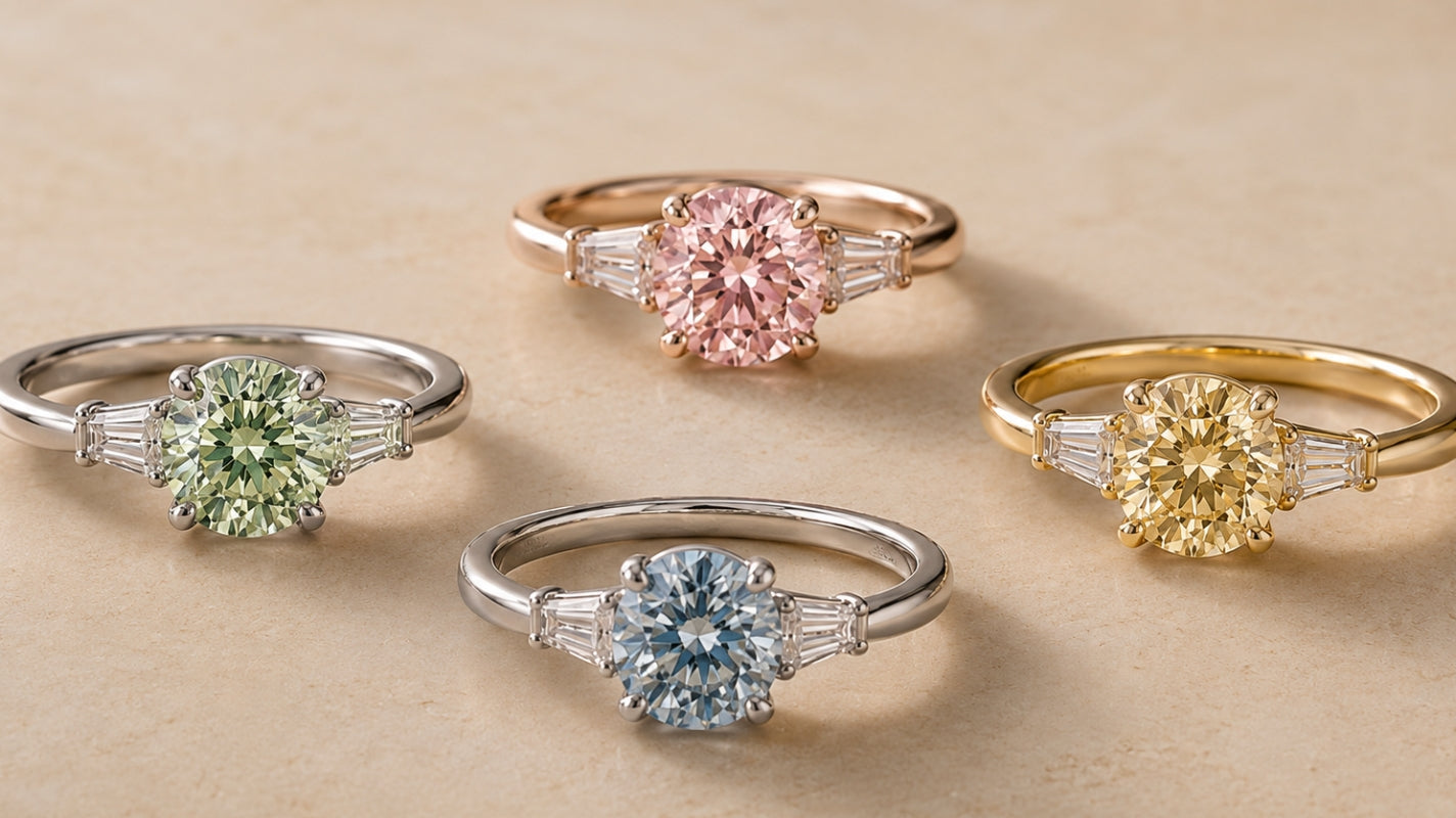 Four engagement rings feature round green, pink, blue and yellow diamonds in white, rose and yellow-gold settings on warm stone.