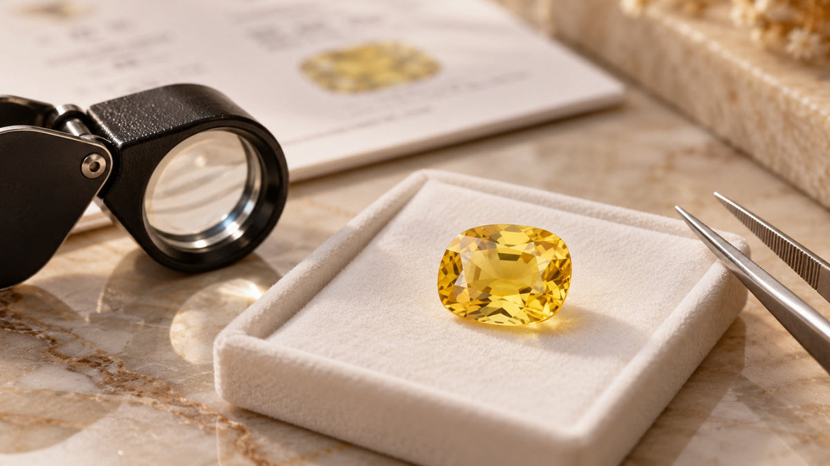 Loose golden-yellow sapphire on a cream gem tray beside a jeweler’s loupe, precision tweezers, and blurred gemological document.