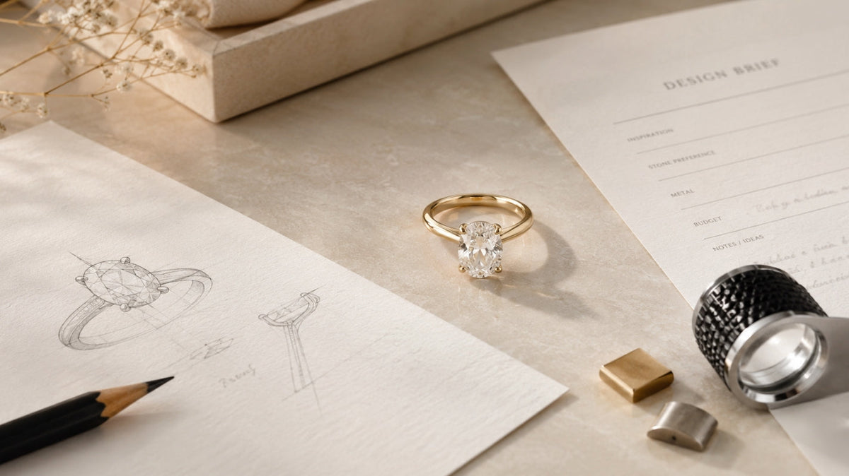 Luxury jewelry consultation desk with an oval yellow gold engagement ring, hand-drawn ring sketch, design brief, pencil, metal samples, and jeweler’s loupe.