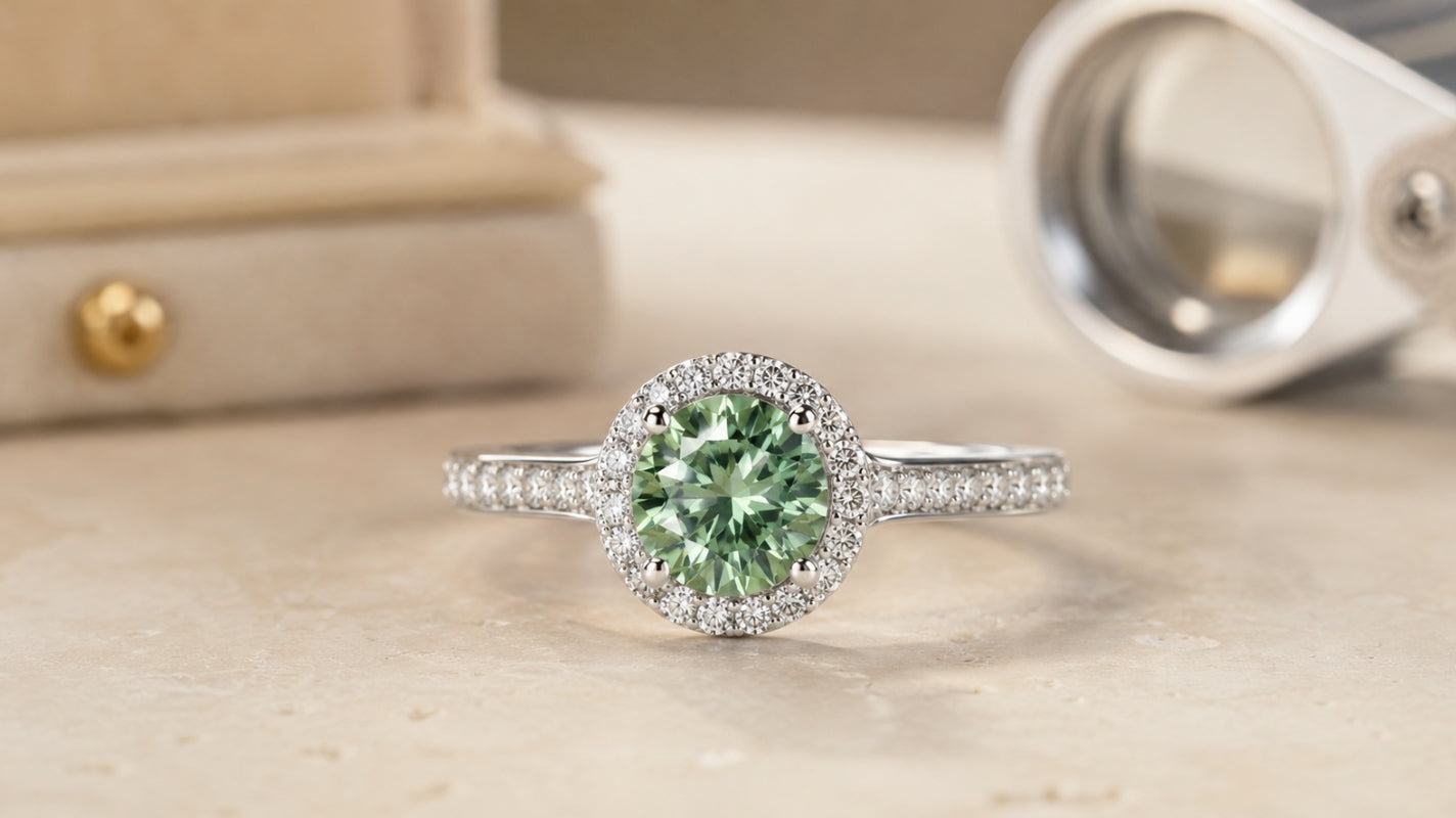 Close-up of a round lab-grown green diamond halo engagement ring with a pavé white-metal band beside a jeweler’s loupe.