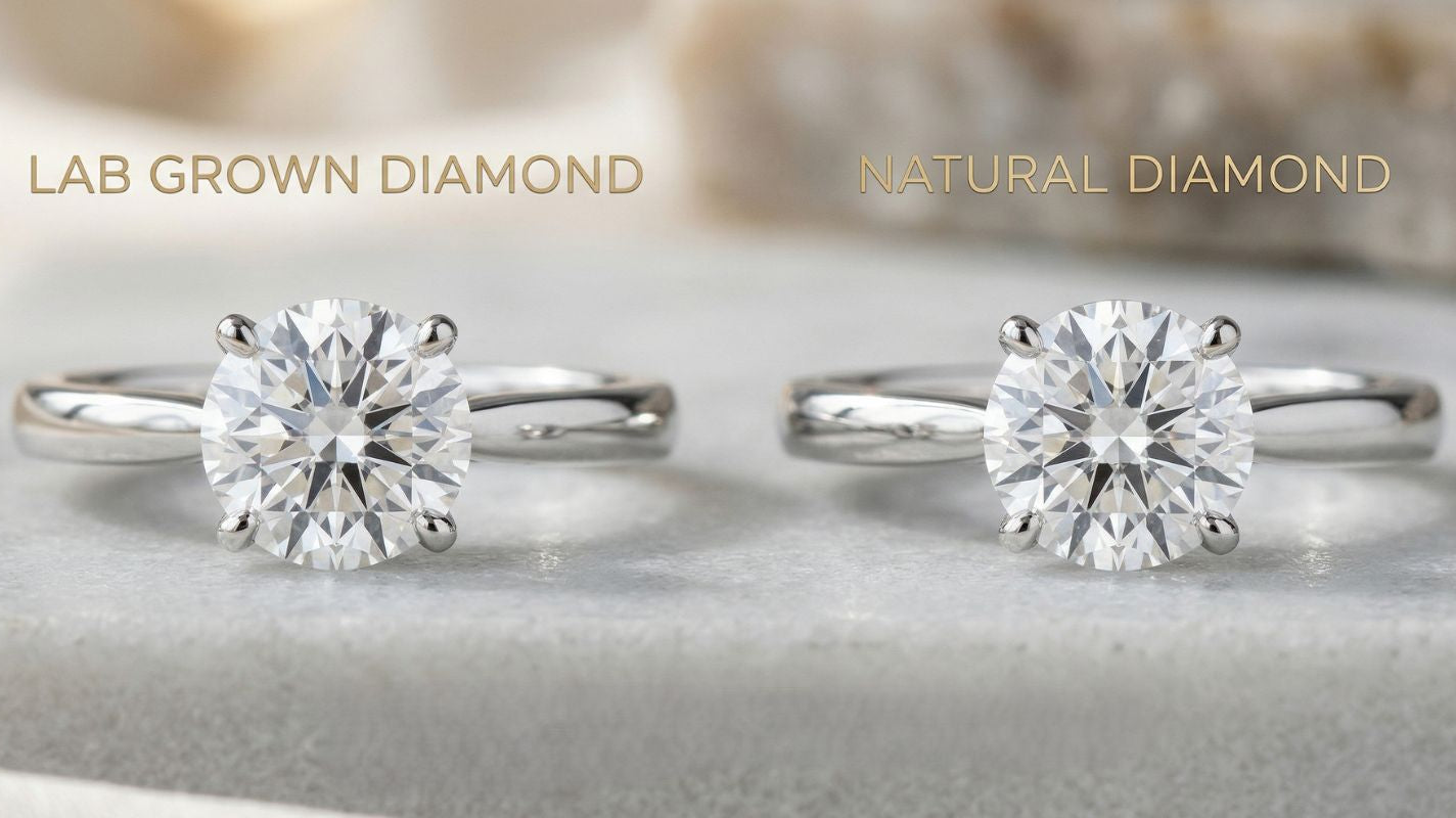 Side-by-side comparison of a lab-grown diamond ring and a natural diamond ring, both shown as round solitaire four-prong rings in polished white metal on a light gray display surface, with both diamonds appearing visually identical in brilliance and size.