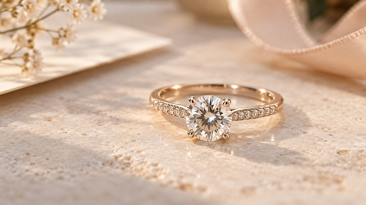 Elegant gold moissanite promise ring with pavé band displayed on a warm stone surface beside soft ribbon and delicate flowers.
