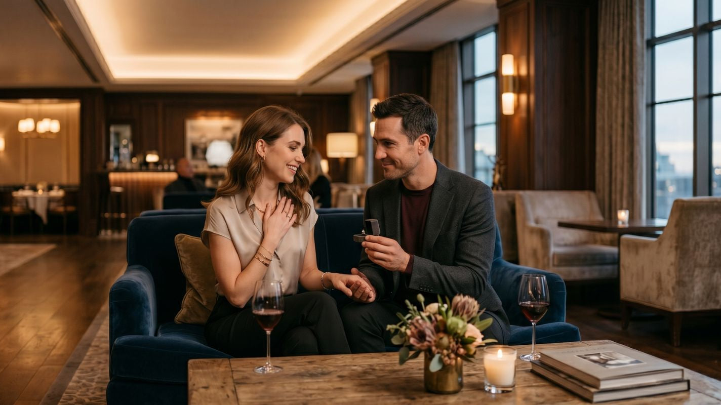 Elegant couple seated together in a softly lit lounge as one partner presents a small ring box, capturing a calm and intimate promise ring moment.