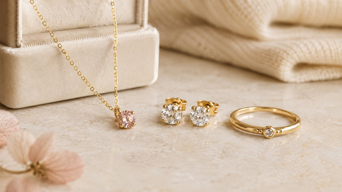 Birthstone pendant, diamond stud earrings, and a low-profile gold ring displayed beside a jewelry box and folded cream blanket.