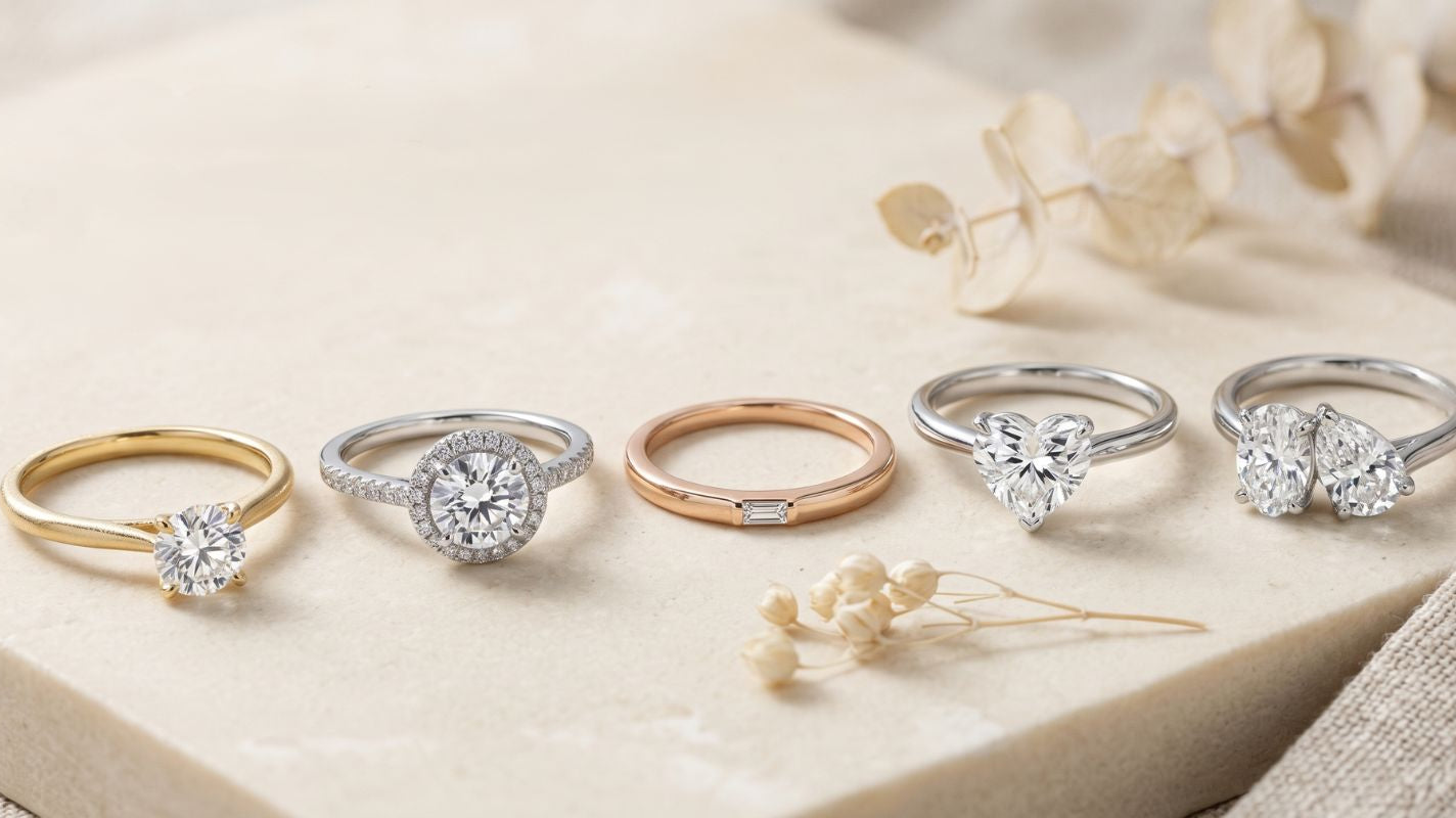 Editorial flat-lay of five lab diamond promise ring styles arranged on a neutral stone surface, including solitaire, halo, minimalist, heart-shaped, and two-stone designs.