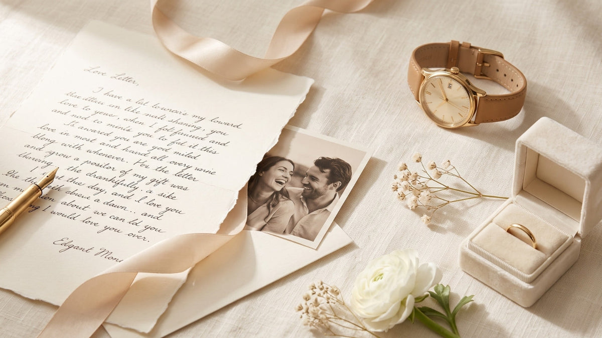 First-anniversary gift scene with handwritten love letter, couple photo, wristwatch, ring box, ribbon and delicate white flowers.