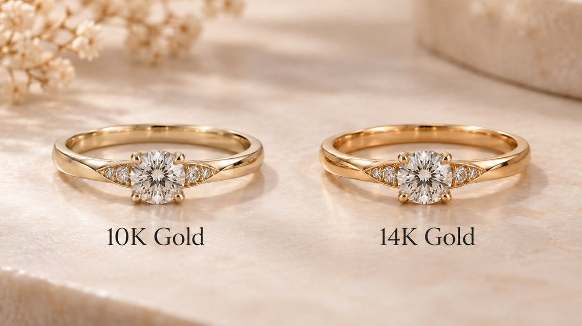 Matching diamond rings compare 10K and 14K gold side by side, showing a lighter 10K tone and warmer 14K tone.