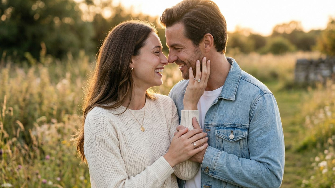 Romantic outdoor portrait of a couple smiling closely at sunset, with the woman touching the man’s cheek and displaying a diamond ring on her left hand in a warm field setting.