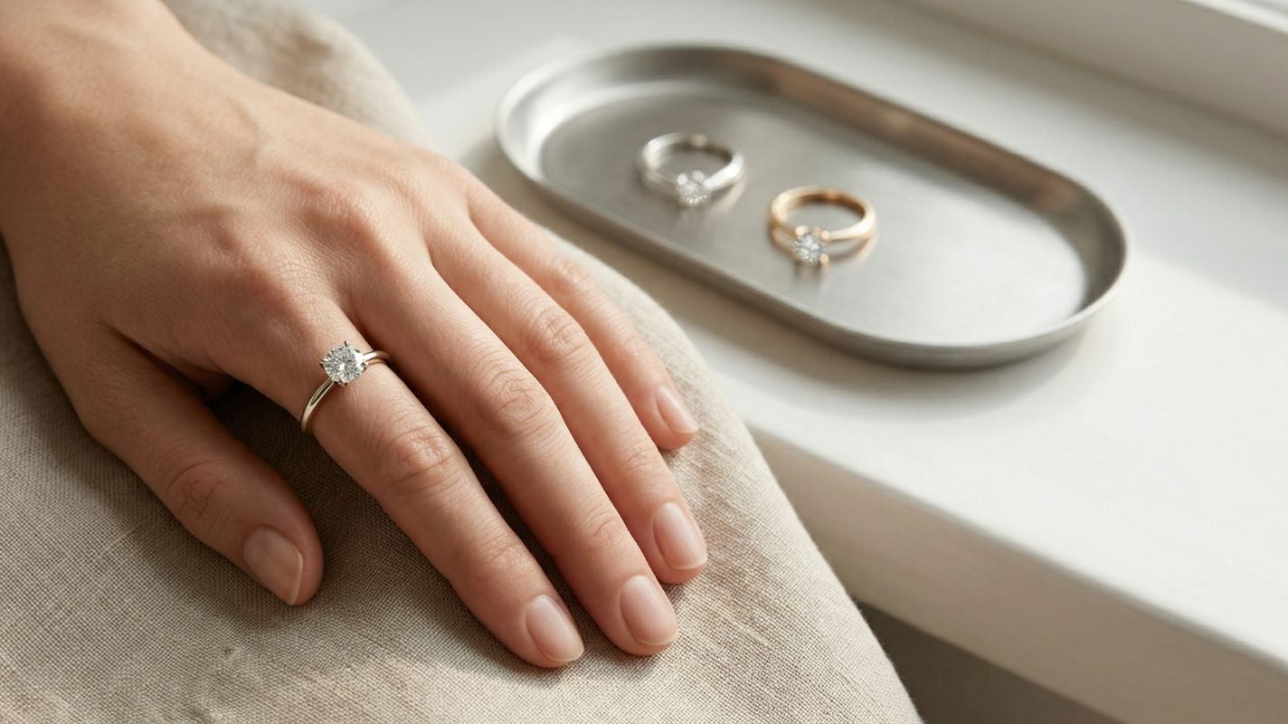 Hand wearing a lab-grown diamond promise ring beside a tray of alternative ring styles.