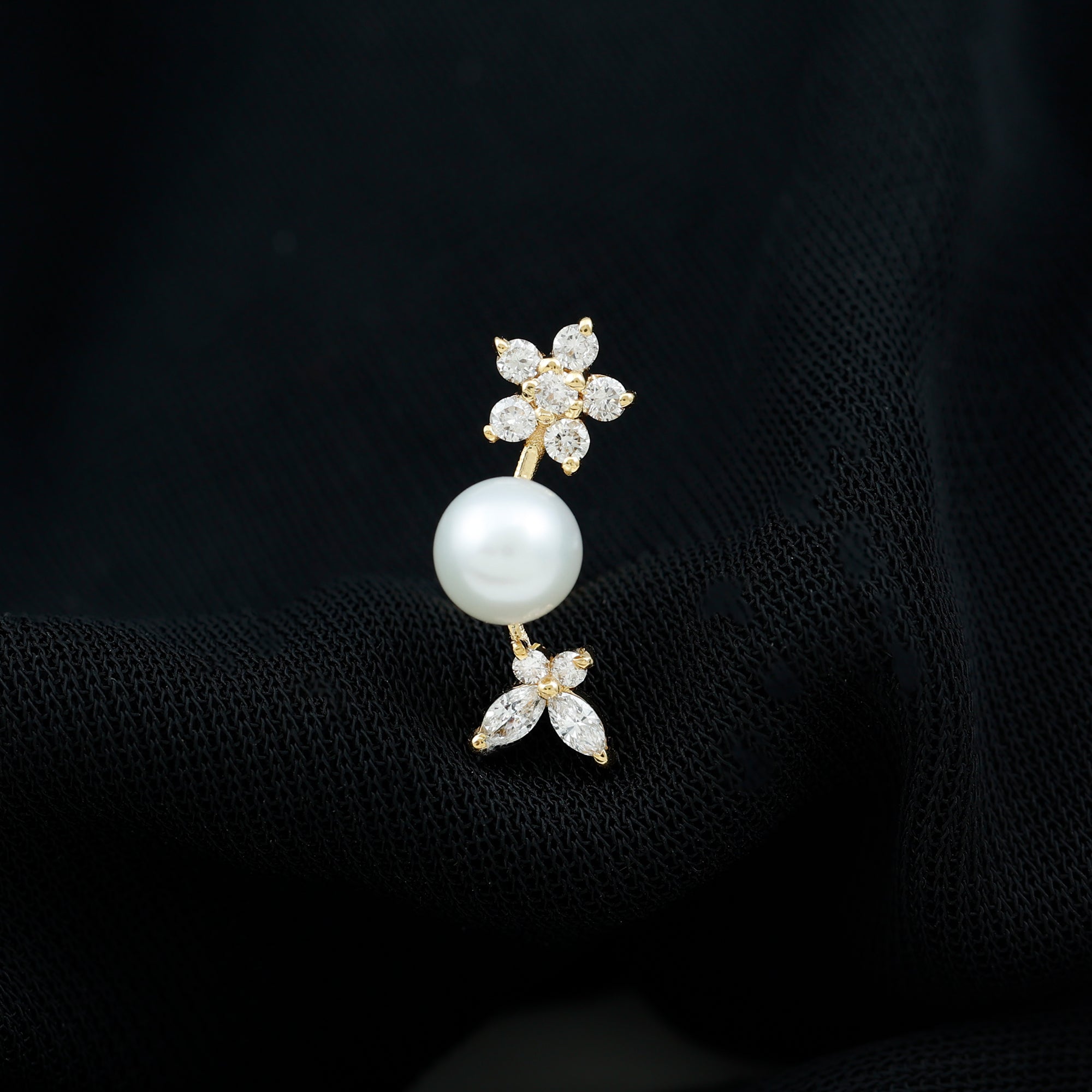Nature Inspired Freshwater Pearl and Diamond Crawler Earring AAA - Rosec Jewels