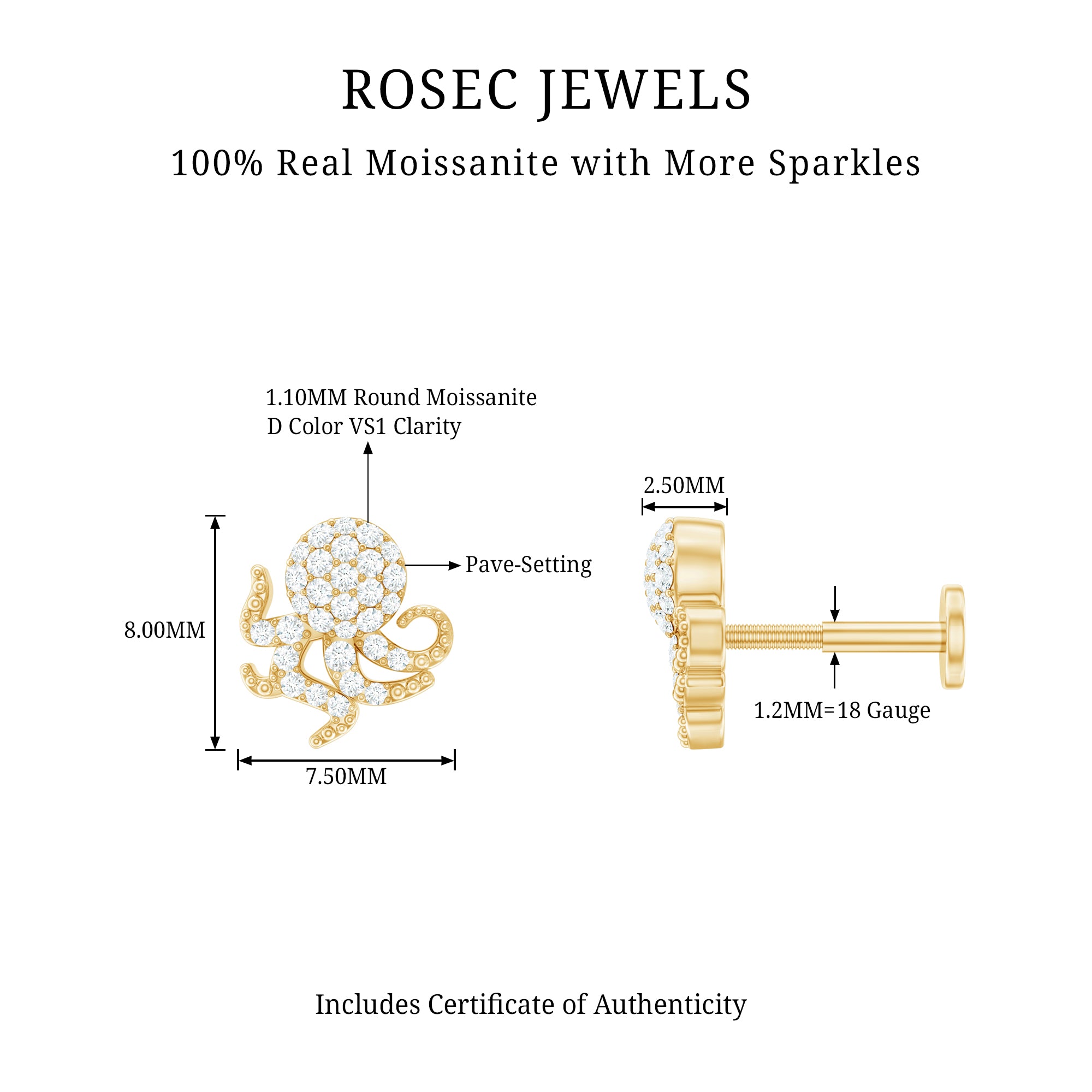 Moissanite Octopus Earring for Cartilage Piercing D-VS1 - Rosec Jewels