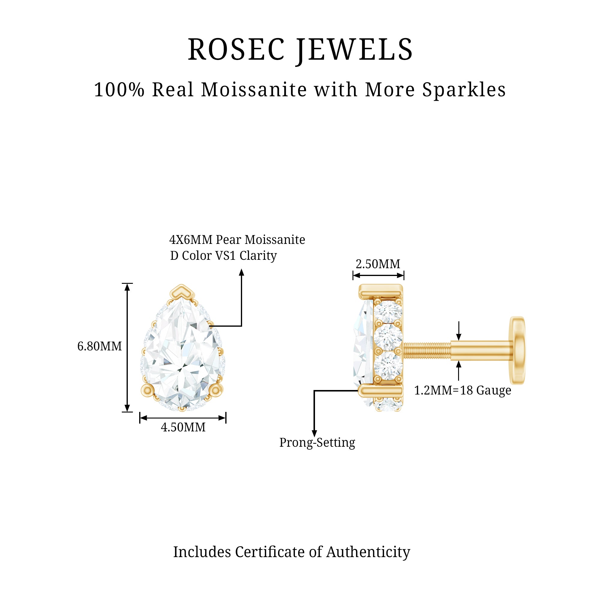Certified Moissanite Teardrop Helix Earring for Women D-VS1 - Rosec Jewels