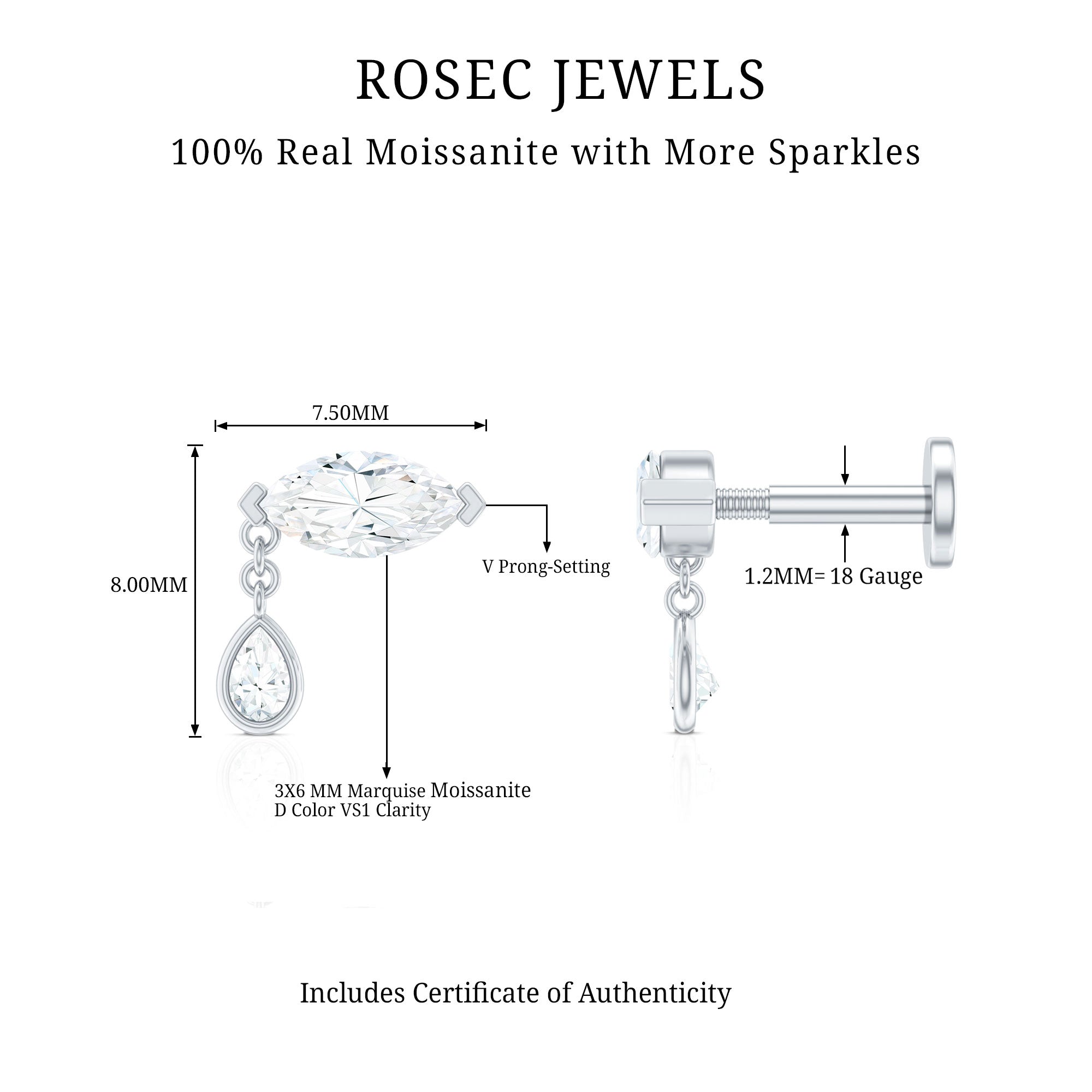 Marquise Moissanite Dangle Cartilage Earring D-VS1 - Rosec Jewels