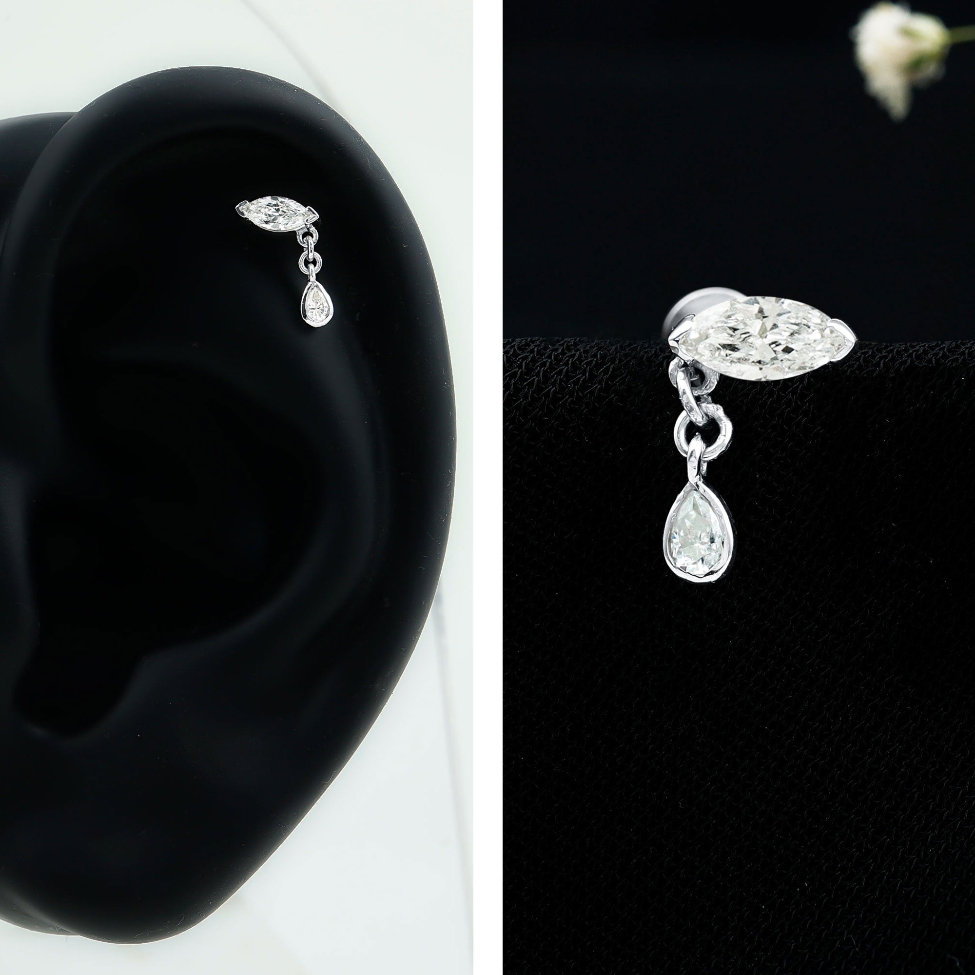 Marquise Moissanite Dangle Cartilage Earring D-VS1 - Rosec Jewels