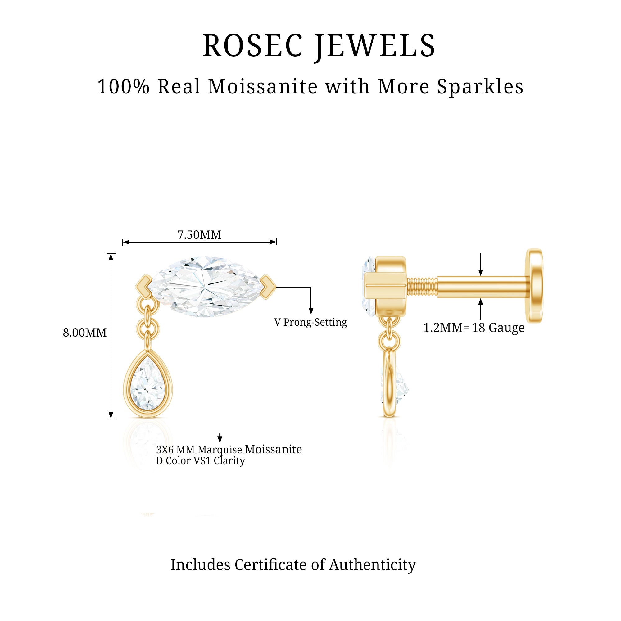 Marquise Moissanite Dangle Cartilage Earring D-VS1 - Rosec Jewels
