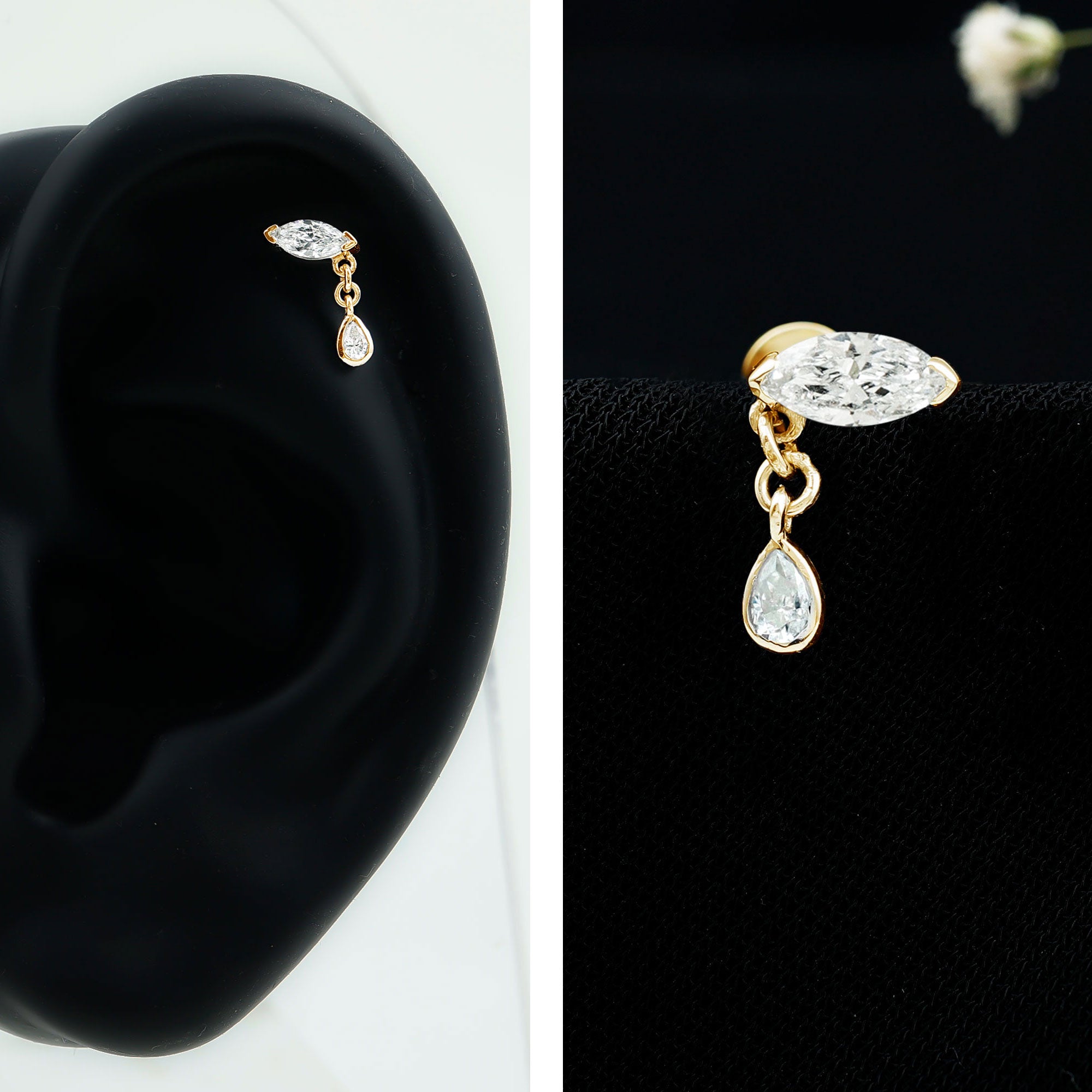 Marquise Moissanite Dangle Cartilage Earring D-VS1 - Rosec Jewels