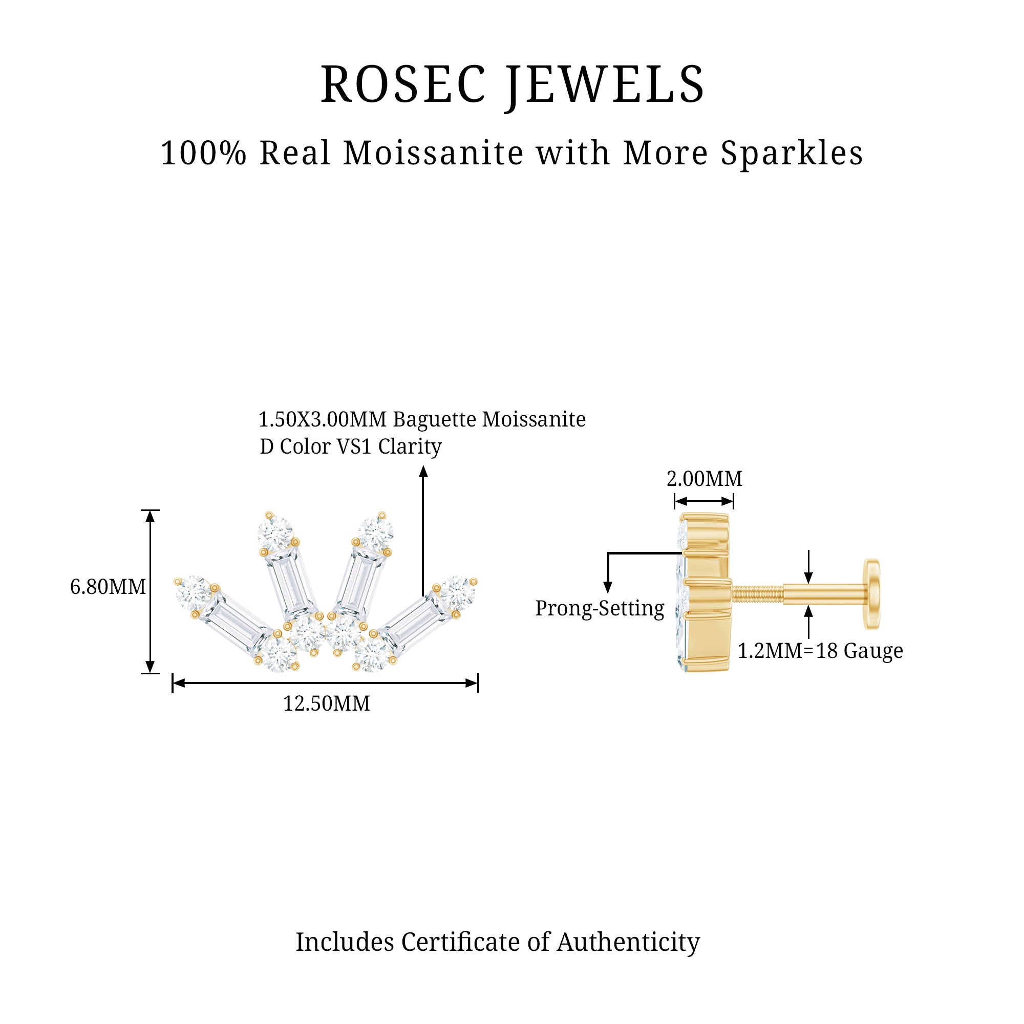 Baguette Moissanite Curved Cartilage Earring D-VS1 - Rosec Jewels