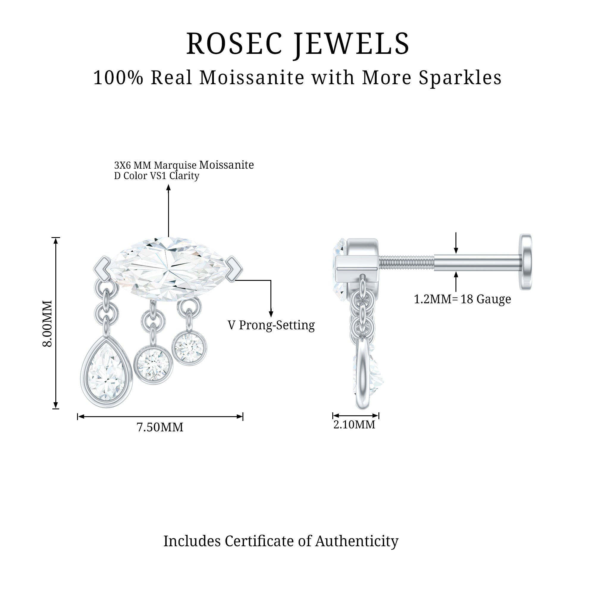 Marquise Cut Moissanite Cartilage Dangle Earring D-VS1 - Rosec Jewels