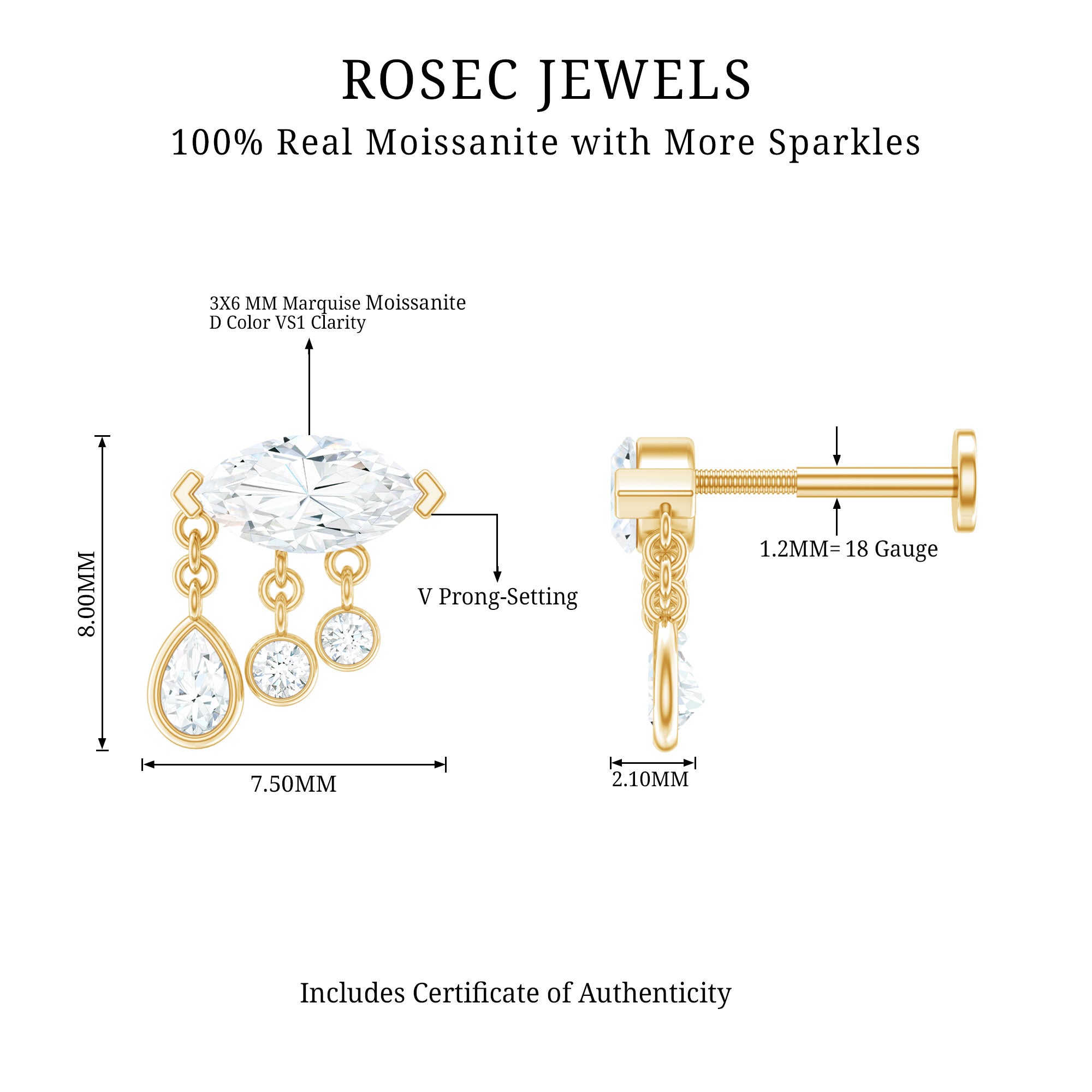 Marquise Cut Moissanite Cartilage Dangle Earring D-VS1 - Rosec Jewels