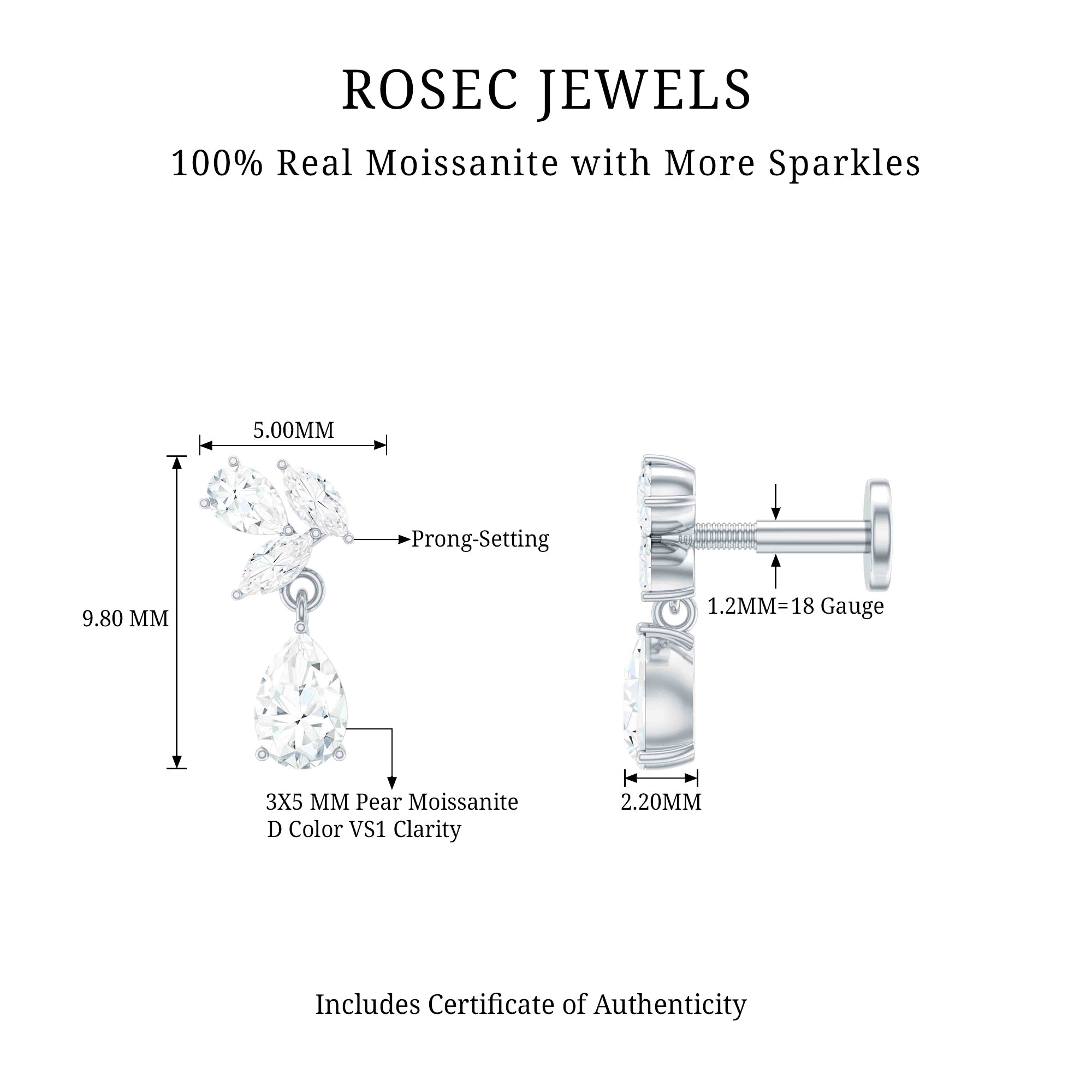 Marquise and Pear Moissanite Cluster Drop Cartilage Earring D-VS1 - Rosec Jewels