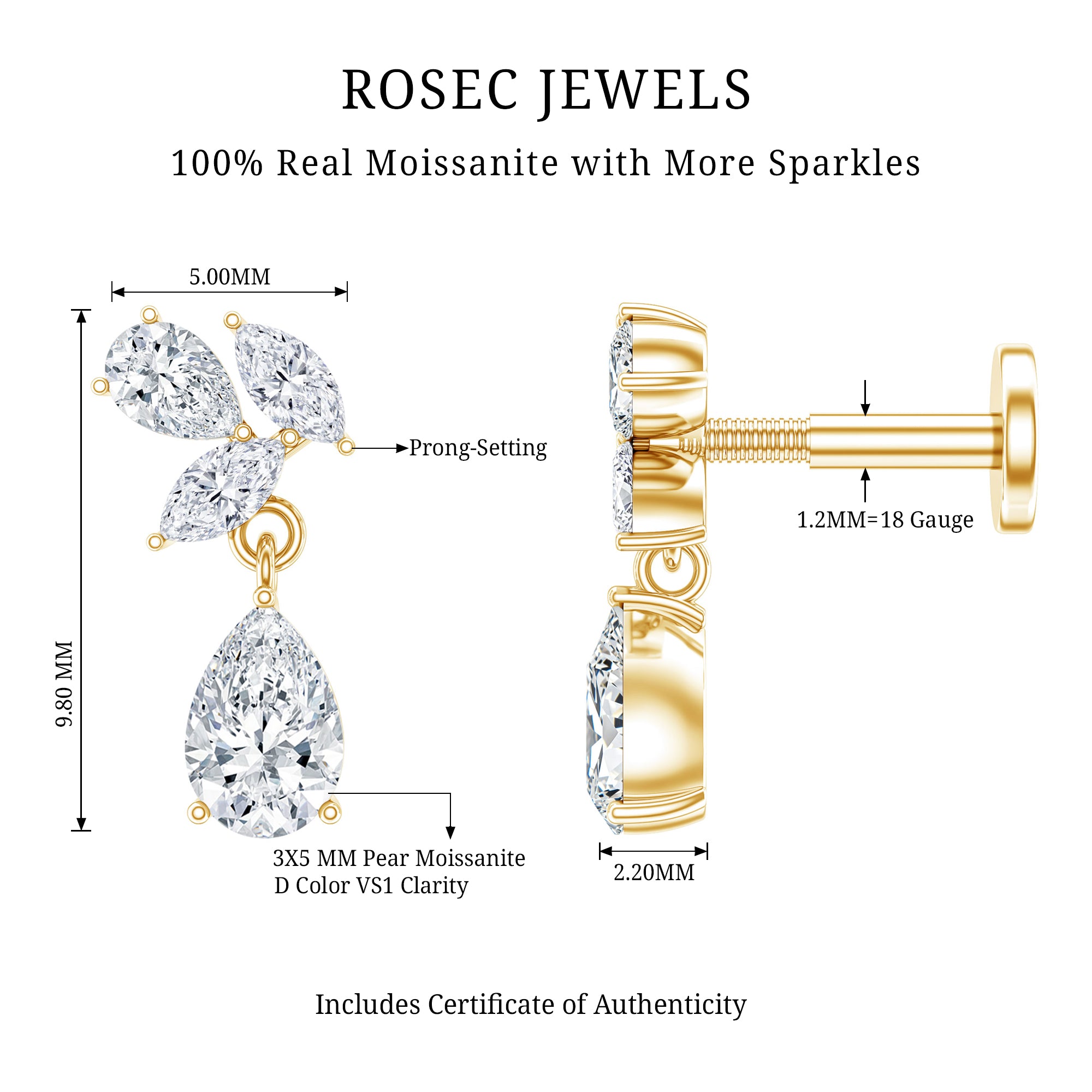 Marquise and Pear Moissanite Cluster Drop Cartilage Earring D-VS1 - Rosec Jewels