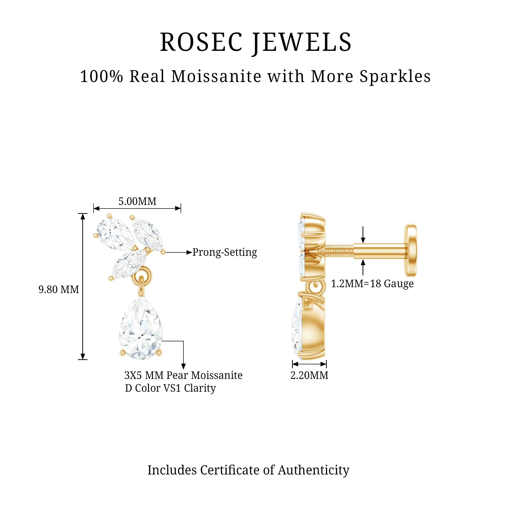 Marquise and Pear Moissanite Cluster Drop Cartilage Earring D-VS1 - Rosec Jewels