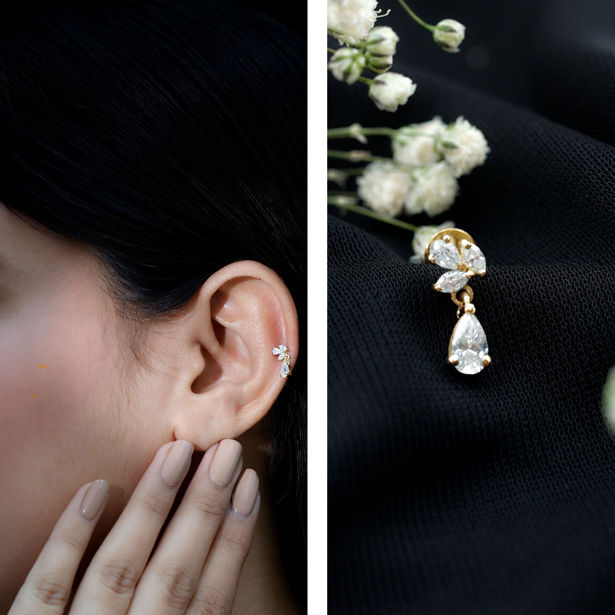 Marquise and Pear Moissanite Cluster Drop Cartilage Earring D-VS1 - Rosec Jewels