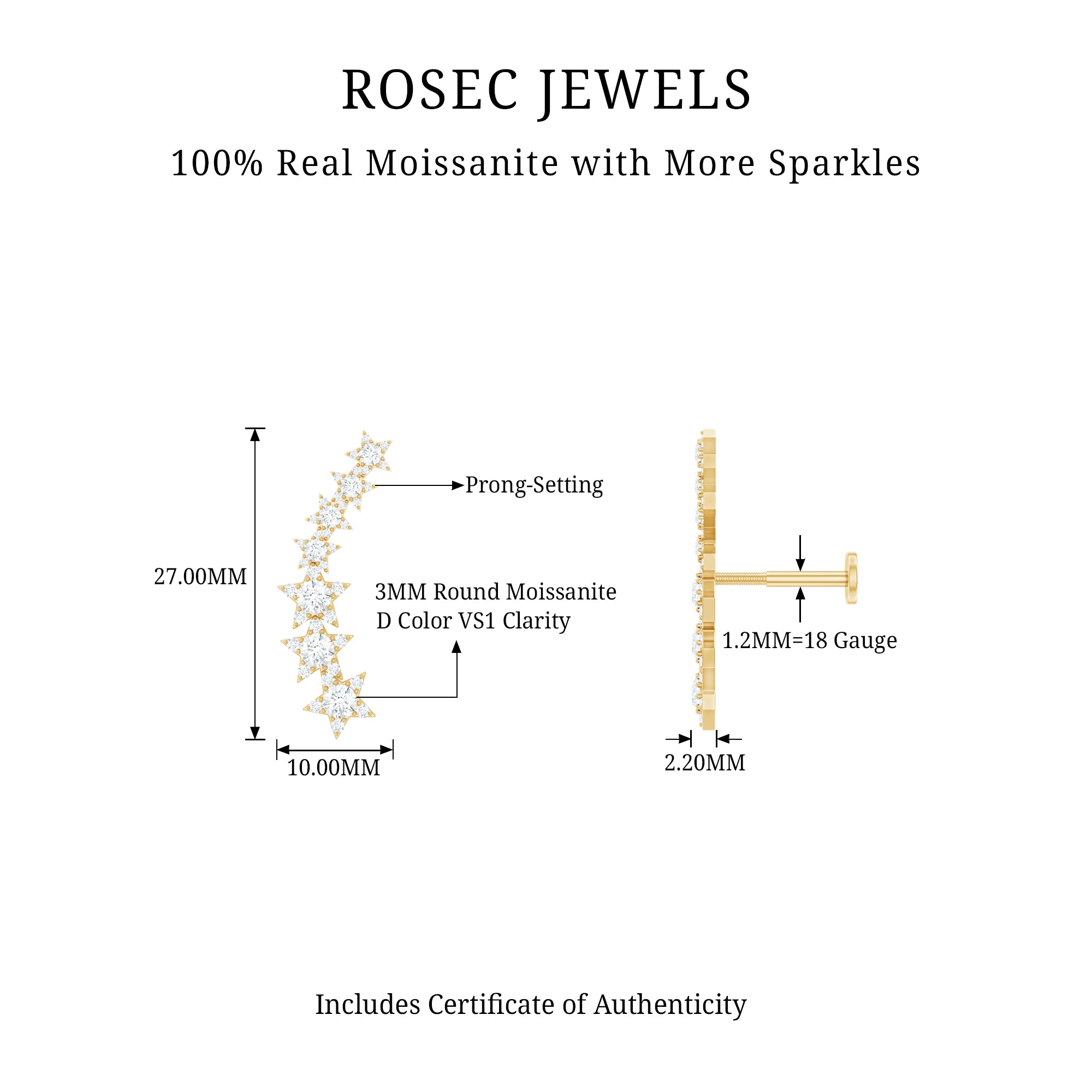 Certified Moissanite Star Ear Climber Earring D-VS1 - Rosec Jewels