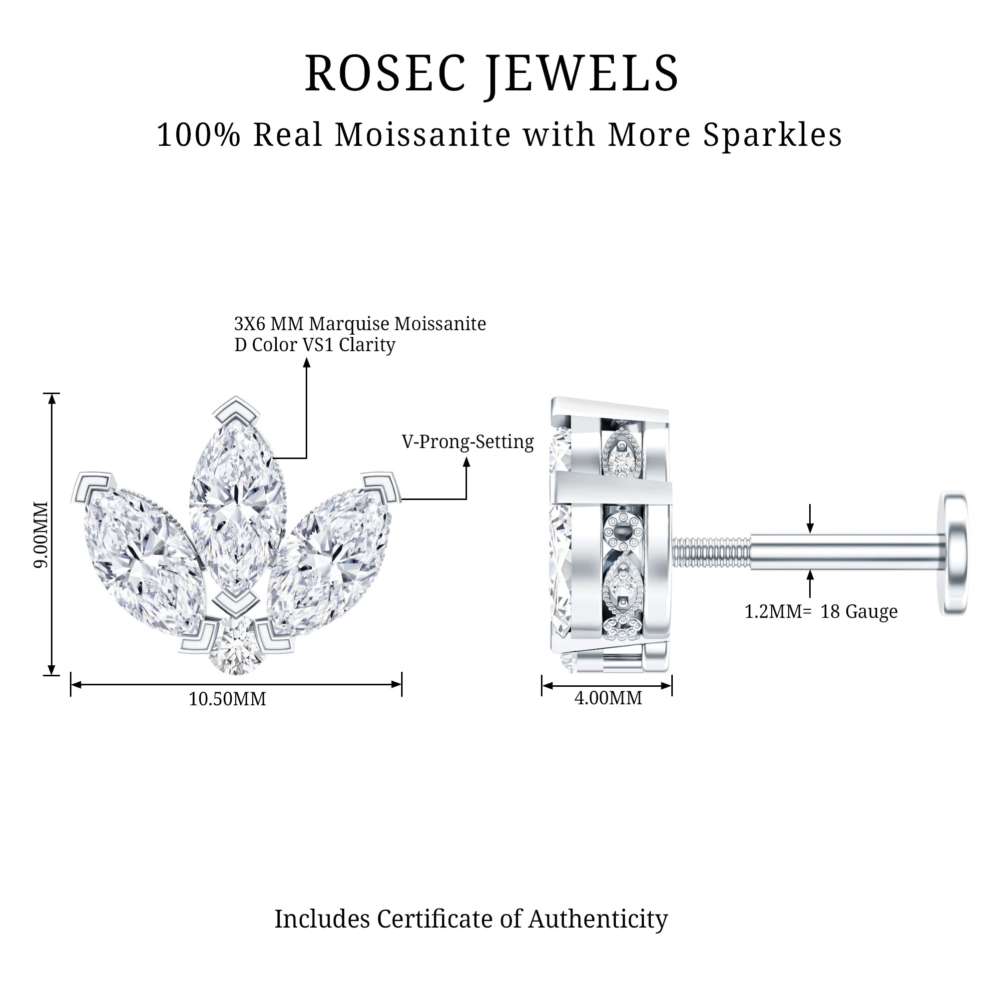 Certified Moissanite Marquise Lotus Piercing Stud D-VS1 - Rosec Jewels