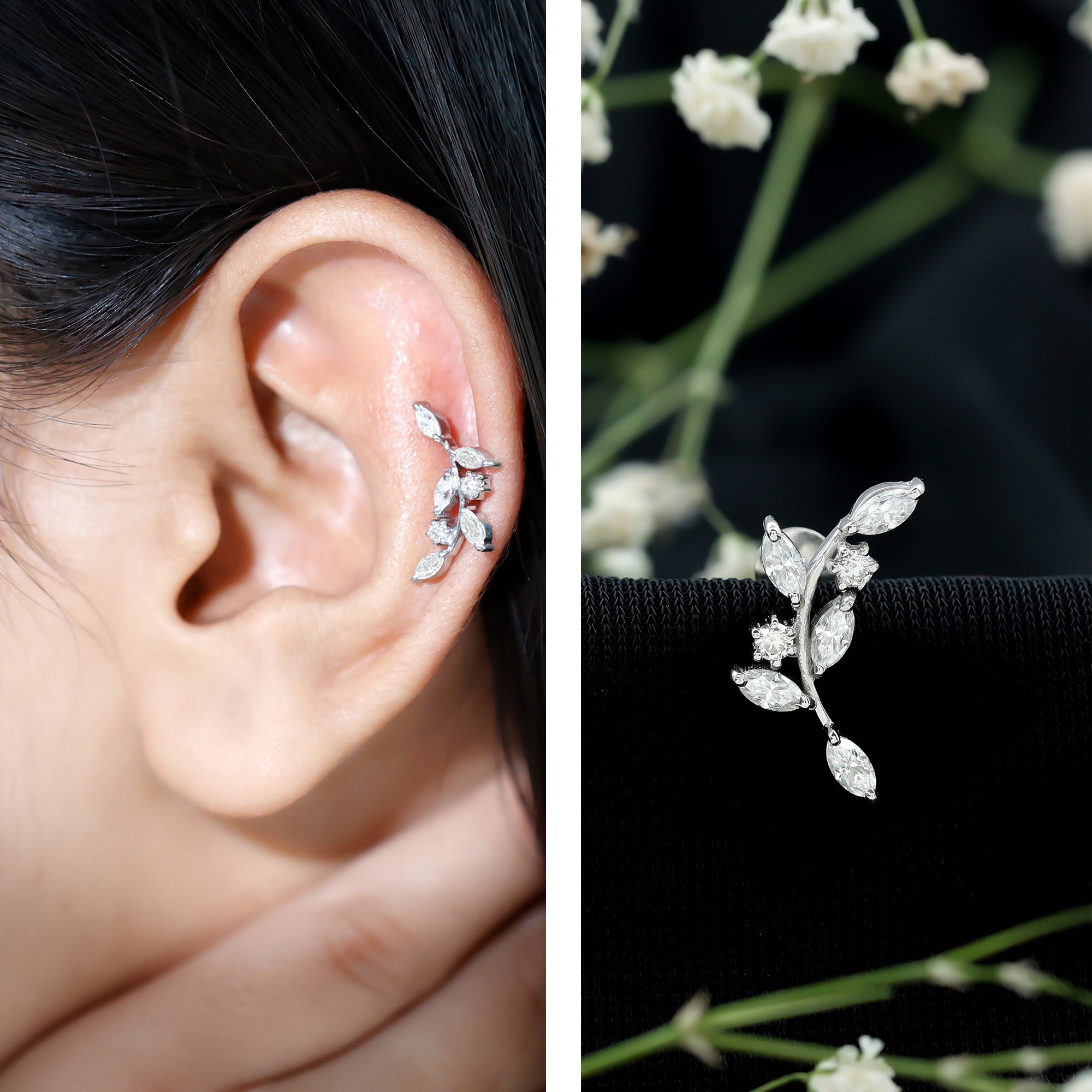 Certified Moissanite Leaf Climber Earring for Helix Piercing D-VS1 - Rosec Jewels