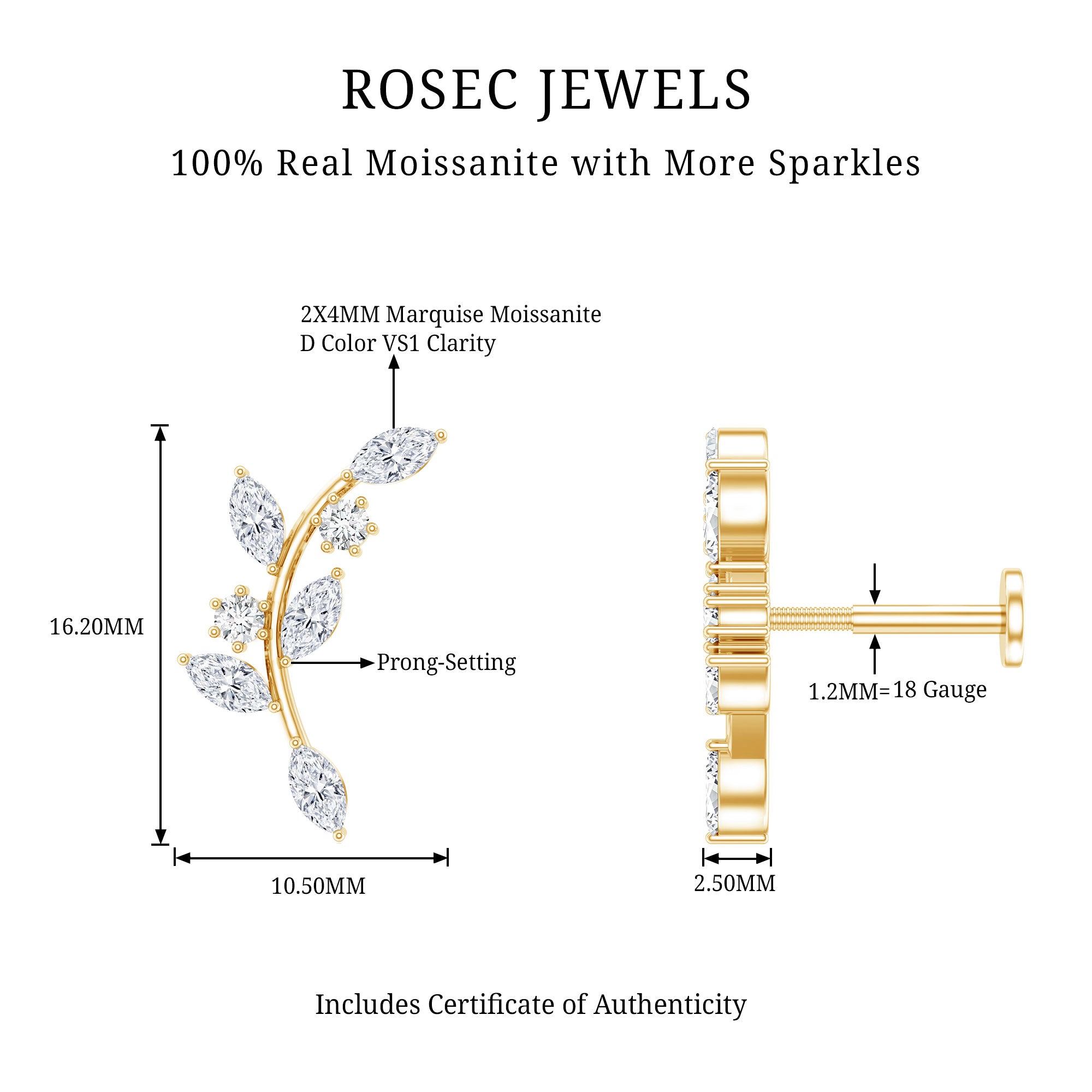 Certified Moissanite Leaf Climber Earring for Helix Piercing D-VS1 - Rosec Jewels
