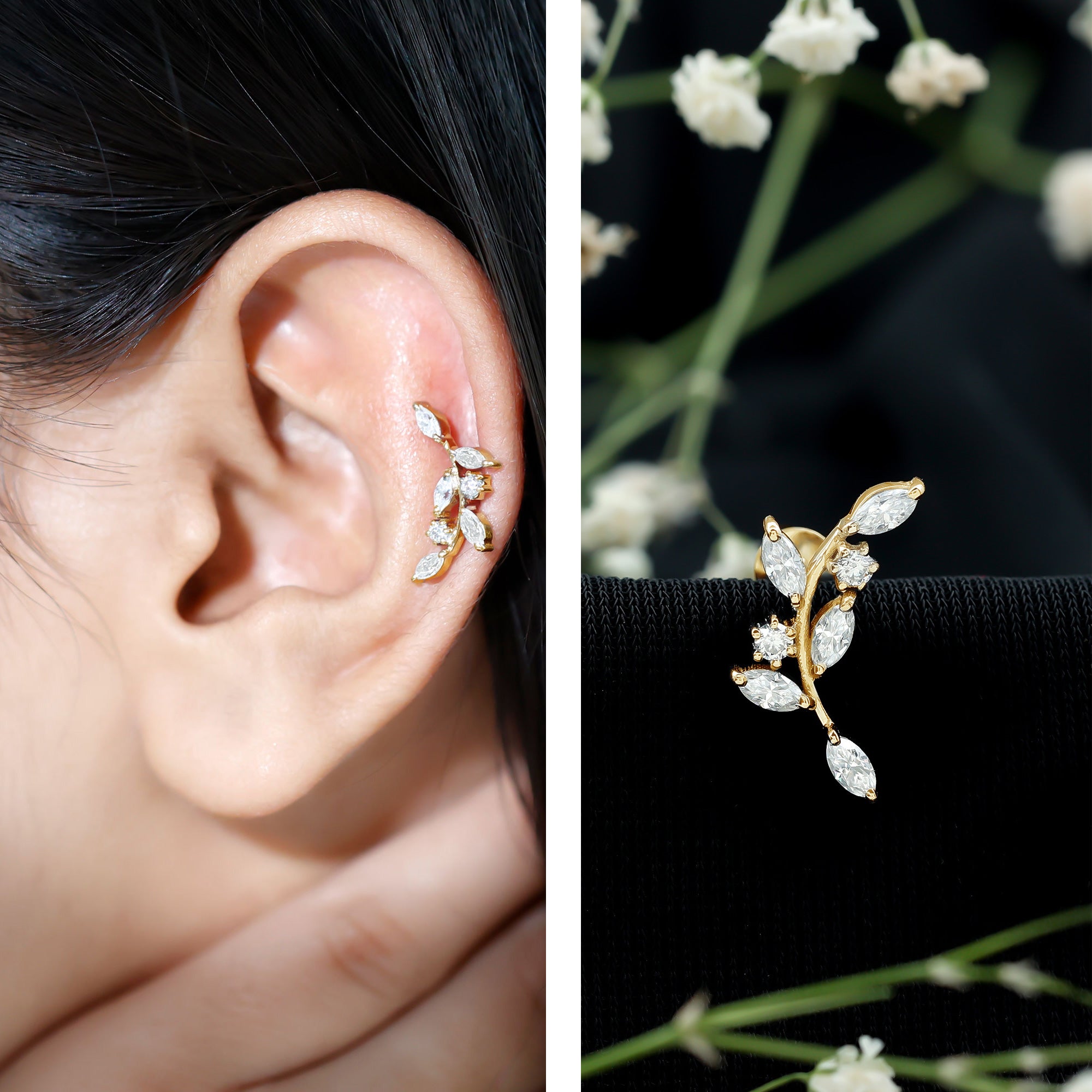 Certified Moissanite Leaf Climber Earring for Helix Piercing D-VS1 - Rosec Jewels