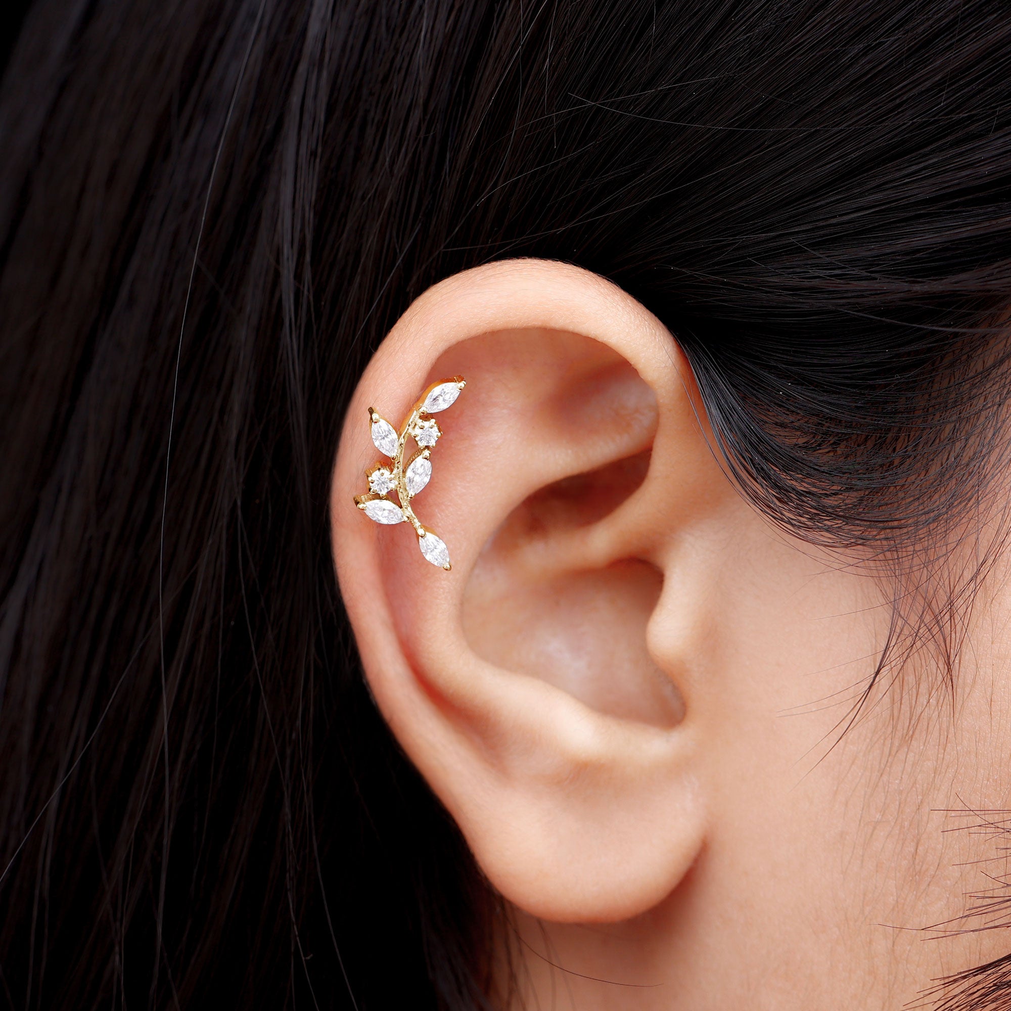 Certified Moissanite Leaf Climber Earring for Helix Piercing D-VS1 - Rosec Jewels