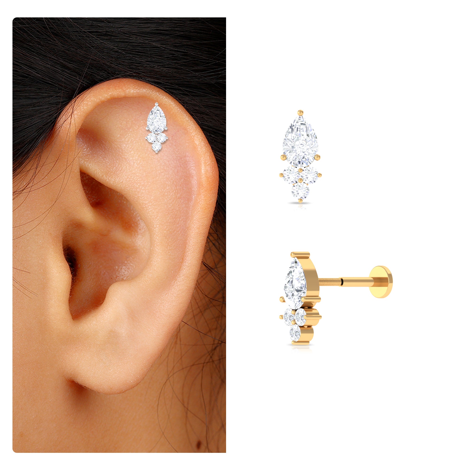 Pear and Round Moissanite Cluster Cartilage Earring D-VS1 - Rosec Jewels