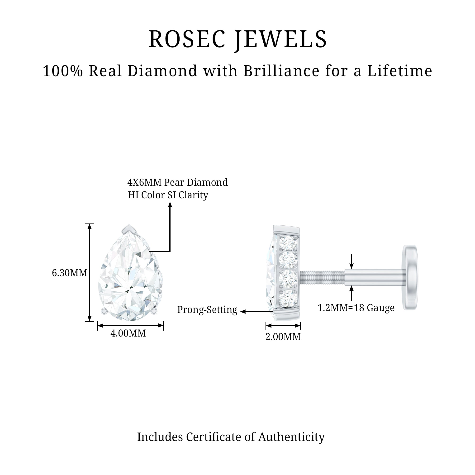 Pear Shaped Diamond Solitaire Tragus Earring Natural - ( HI-SI ) - Rosec Jewels