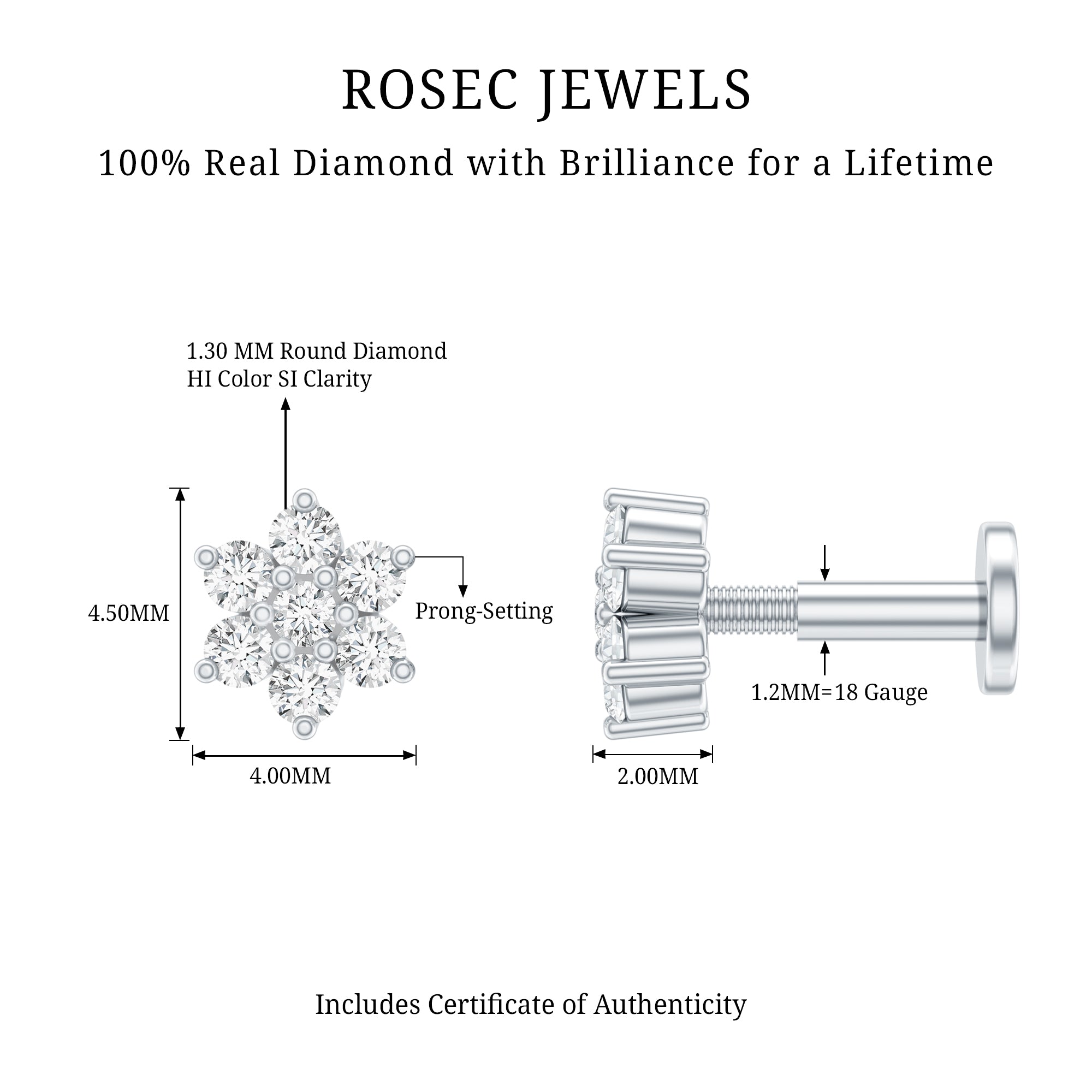 Round Cut Natural Diamond Flower Nose Stud For Women Natural - ( HI-SI ) - Rosec Jewels