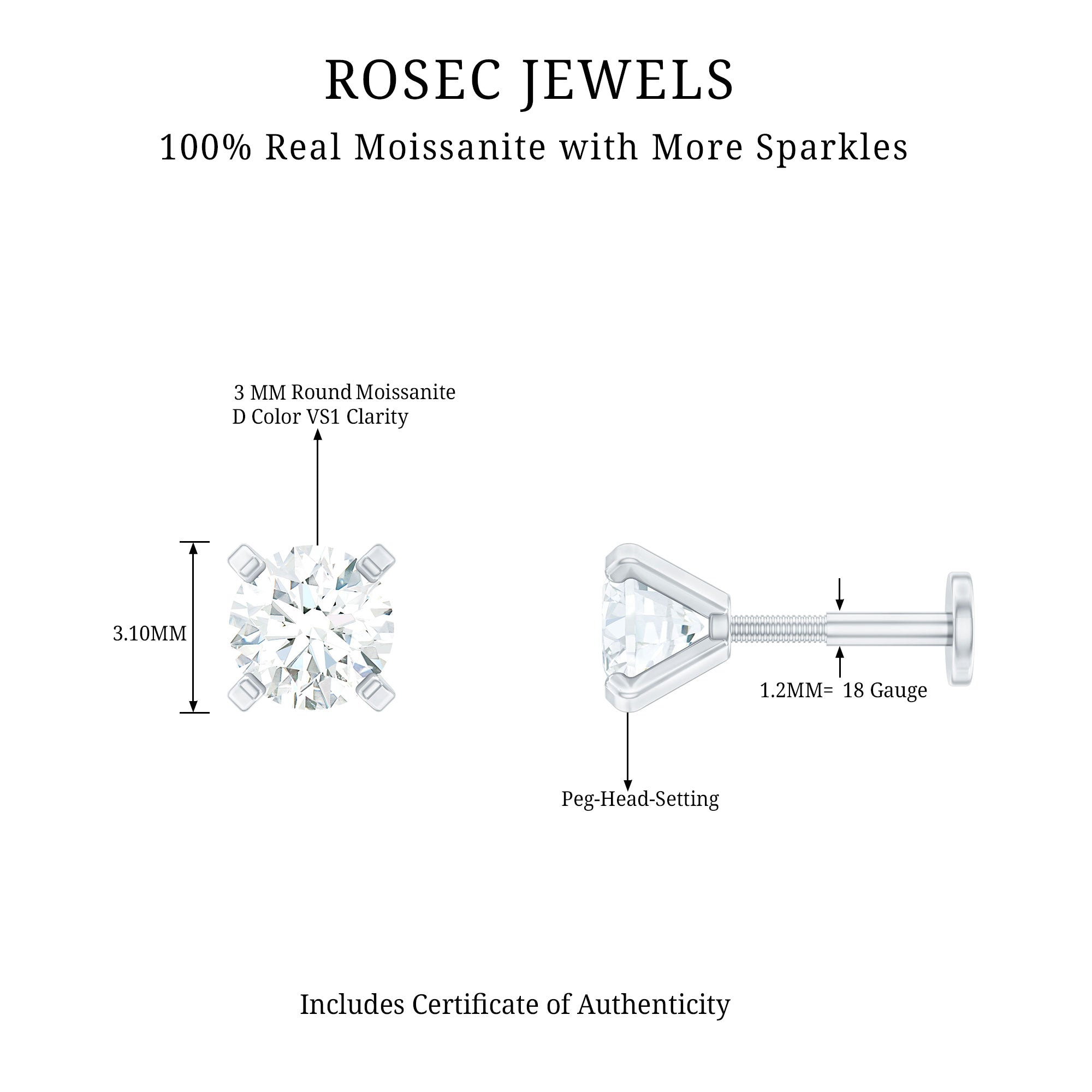 Round Shape Moissanite Solitaire Nose Pin D-VS1 - Rosec Jewels