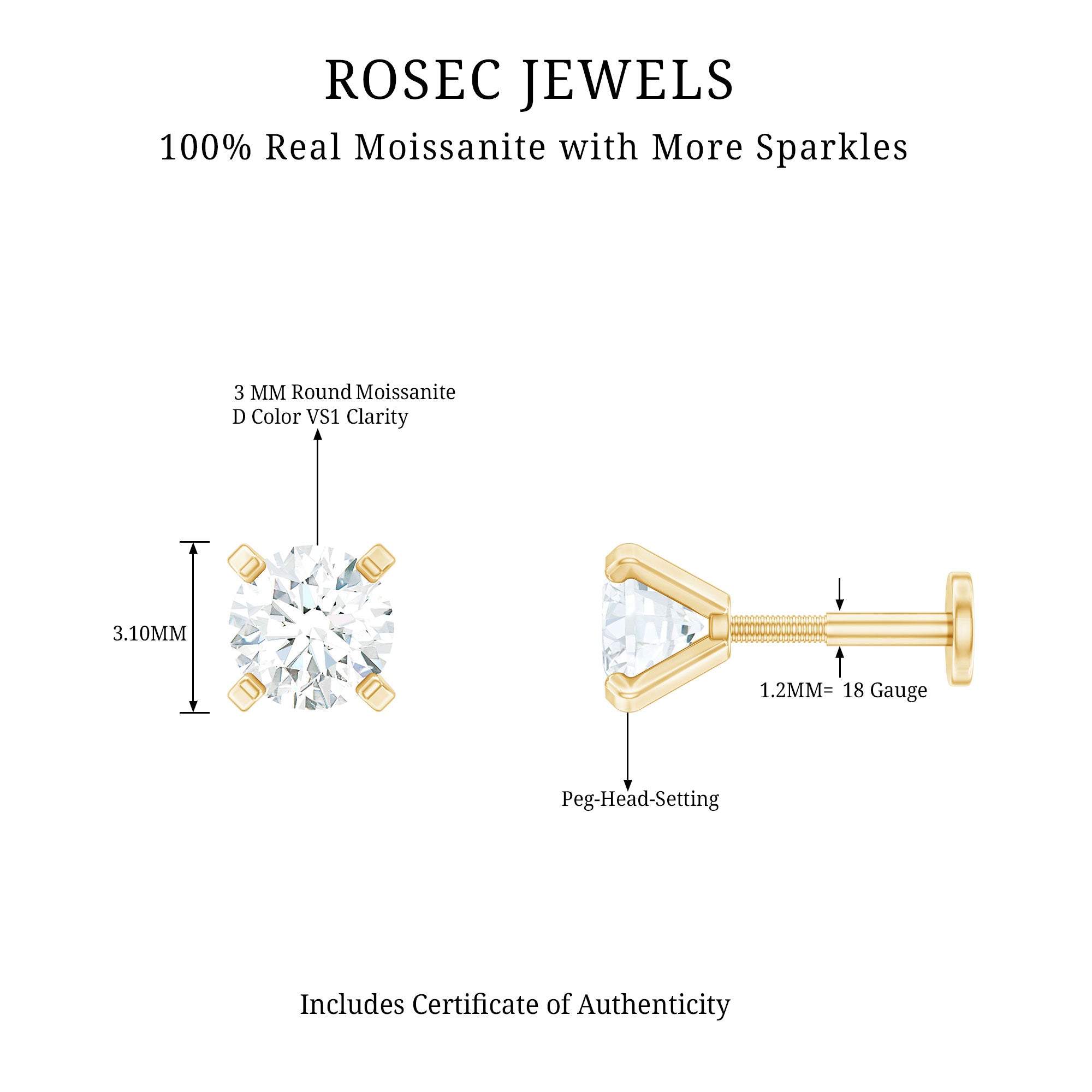 Round Shape Moissanite Solitaire Nose Pin D-VS1 - Rosec Jewels