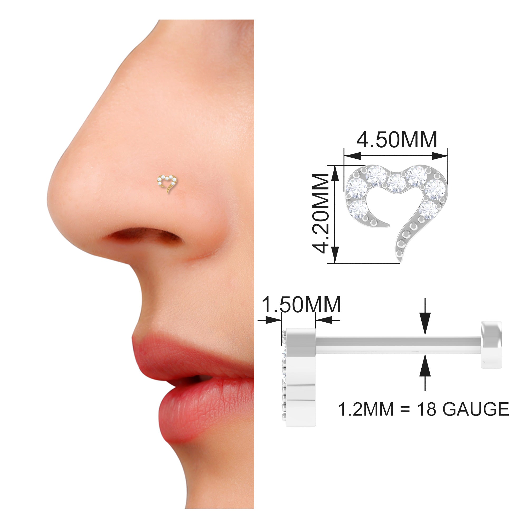 Round Shape Natural Diamond Heart Nose Pin Natural - ( HI-SI ) - Rosec Jewels