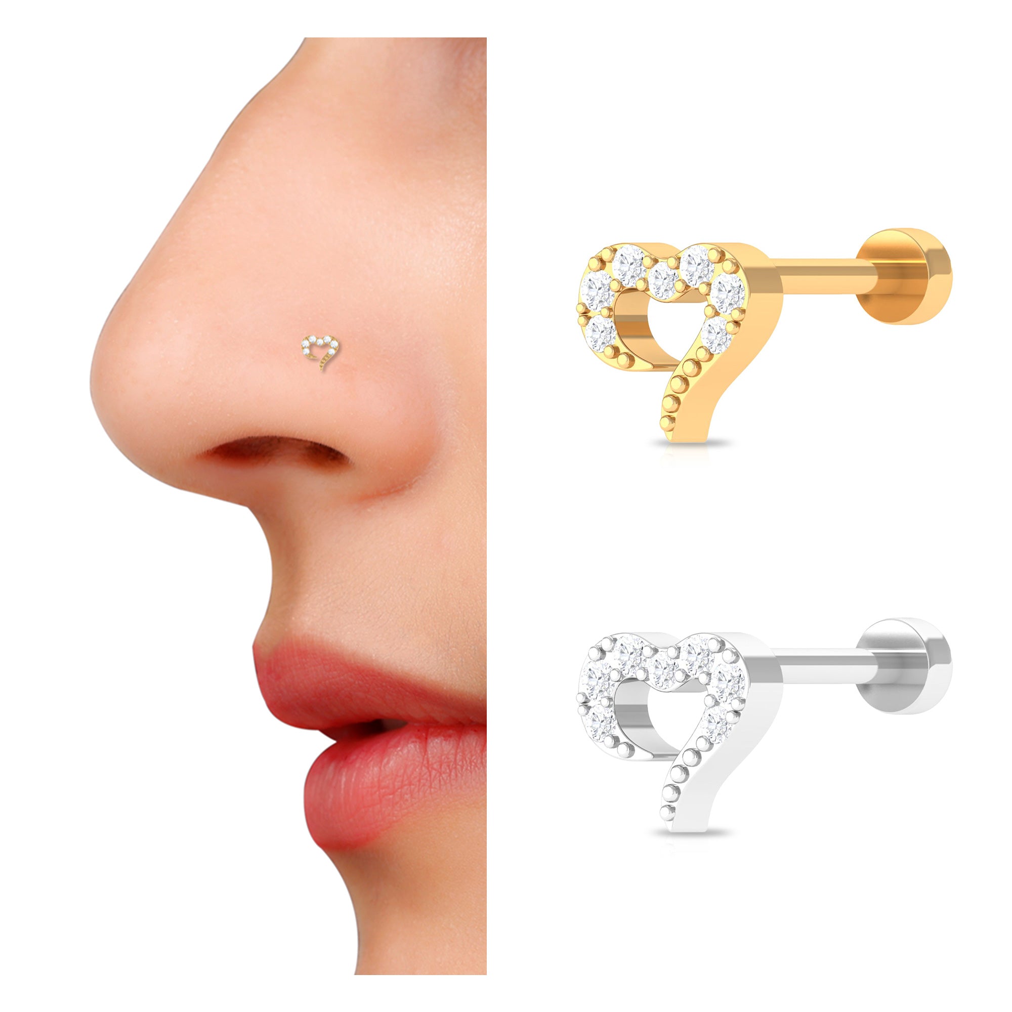 Round Shape Natural Diamond Heart Nose Pin Natural - ( HI-SI ) - Rosec Jewels