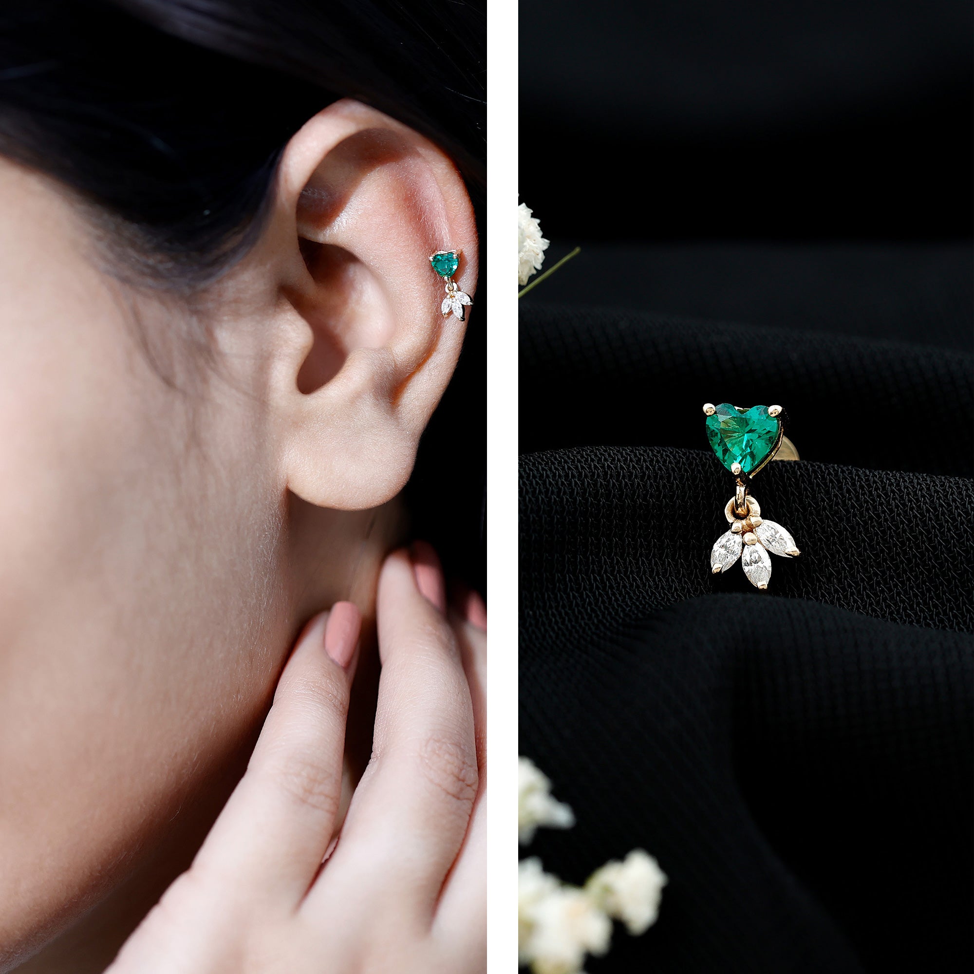 Heart Shape Lab Created Emerald and Diamond Helix Drop Earring AAAA - Rosec Jewels