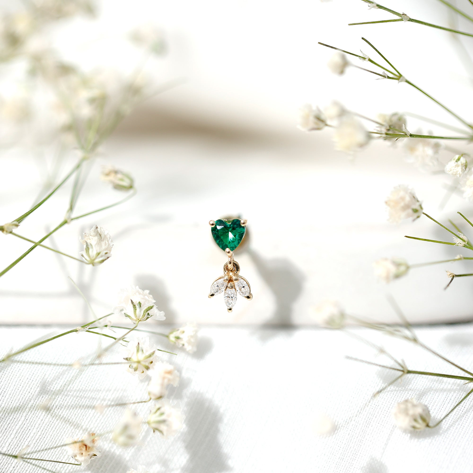 Heart Shape Lab Created Emerald and Diamond Helix Drop Earring AAAA - Rosec Jewels