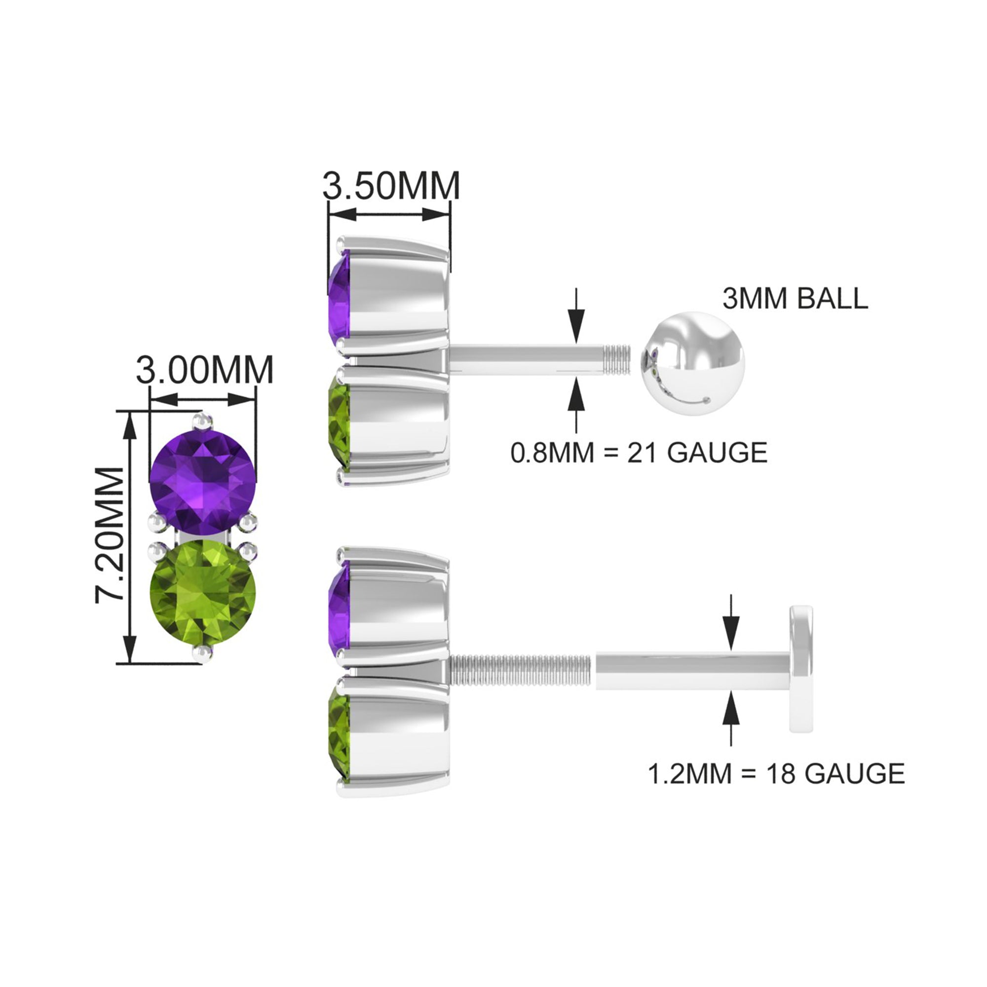 Real Amethyst and Peridot Two Stone Helix Earring AAA - Rosec Jewels